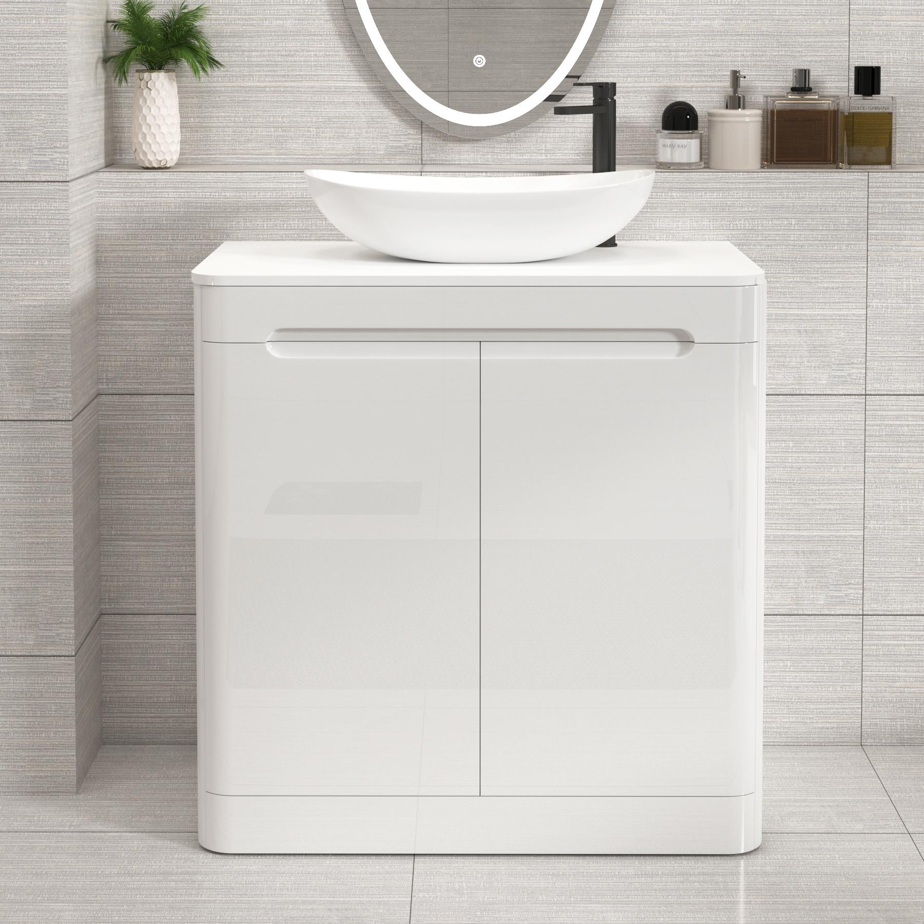 Venice Gloss White Floor Standing Vanity Unit 2 Door with Plain White Undrilled Worktop & Various Countertop Basins