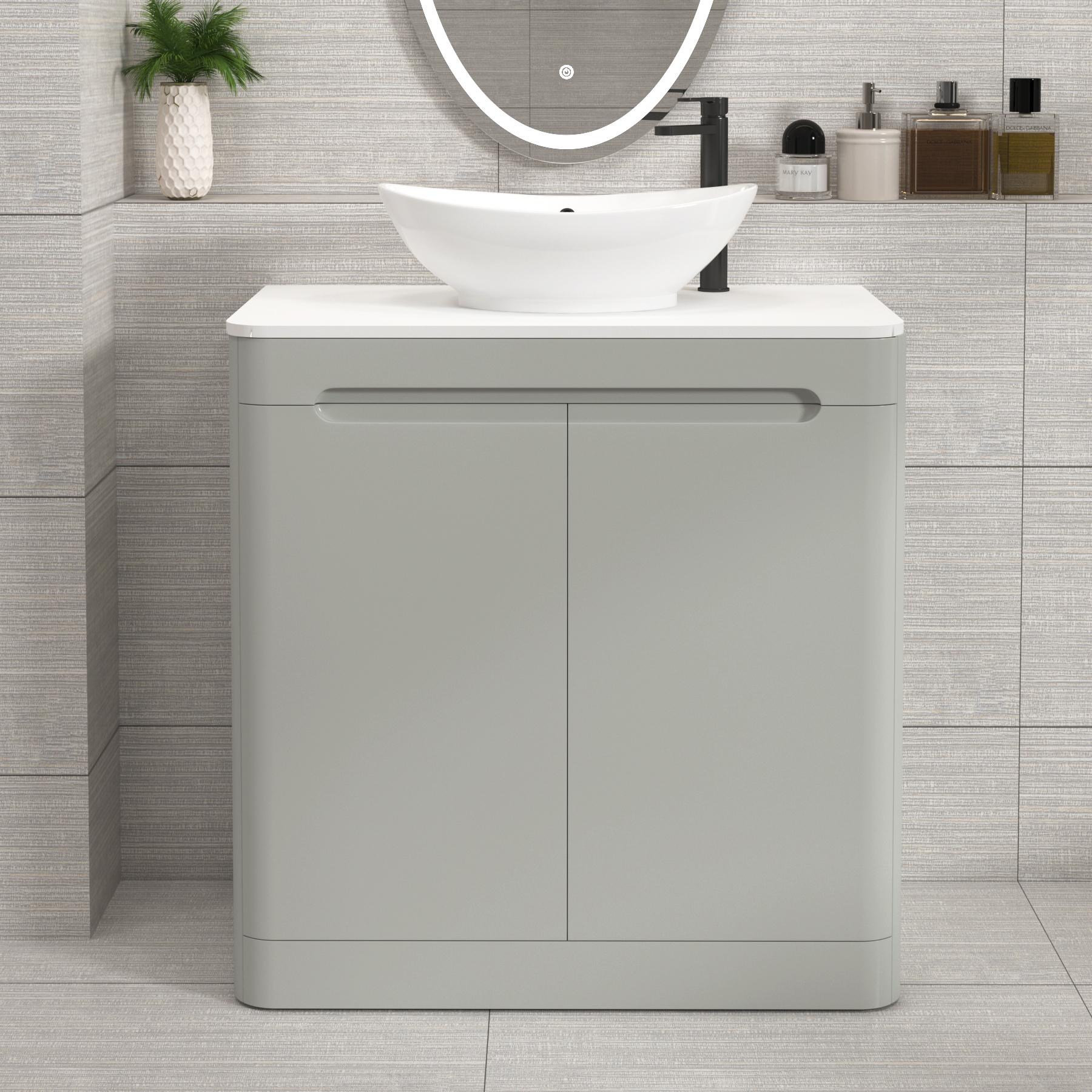 Venice 800mm Dove Grey Floor Standing Vanity Unit 2 Door Plain White Worktop with Amaze Basin