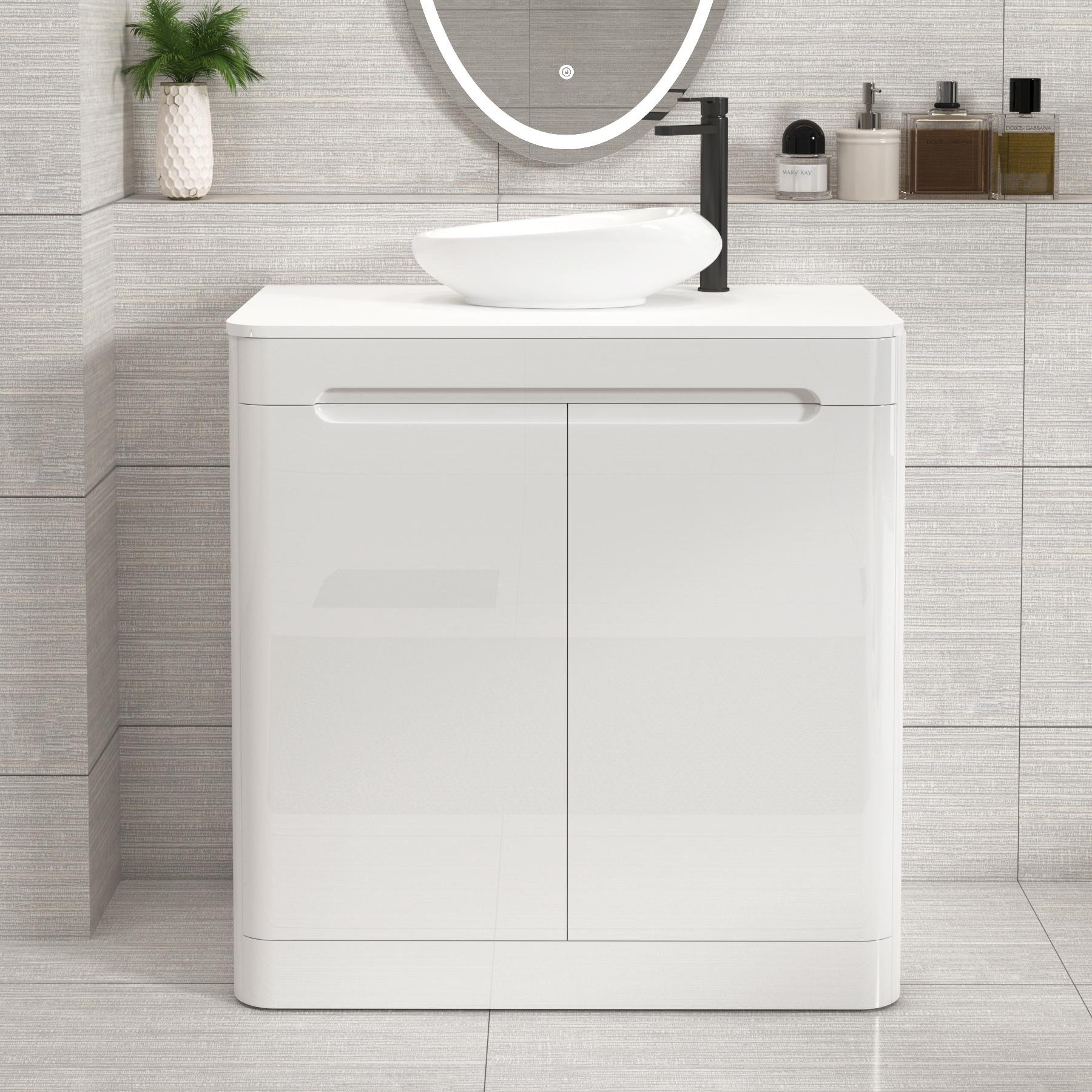 Venice 800mm Gloss White Floor Standing Vanity Unit 2 Door Plain White Worktop with Nova Basin 