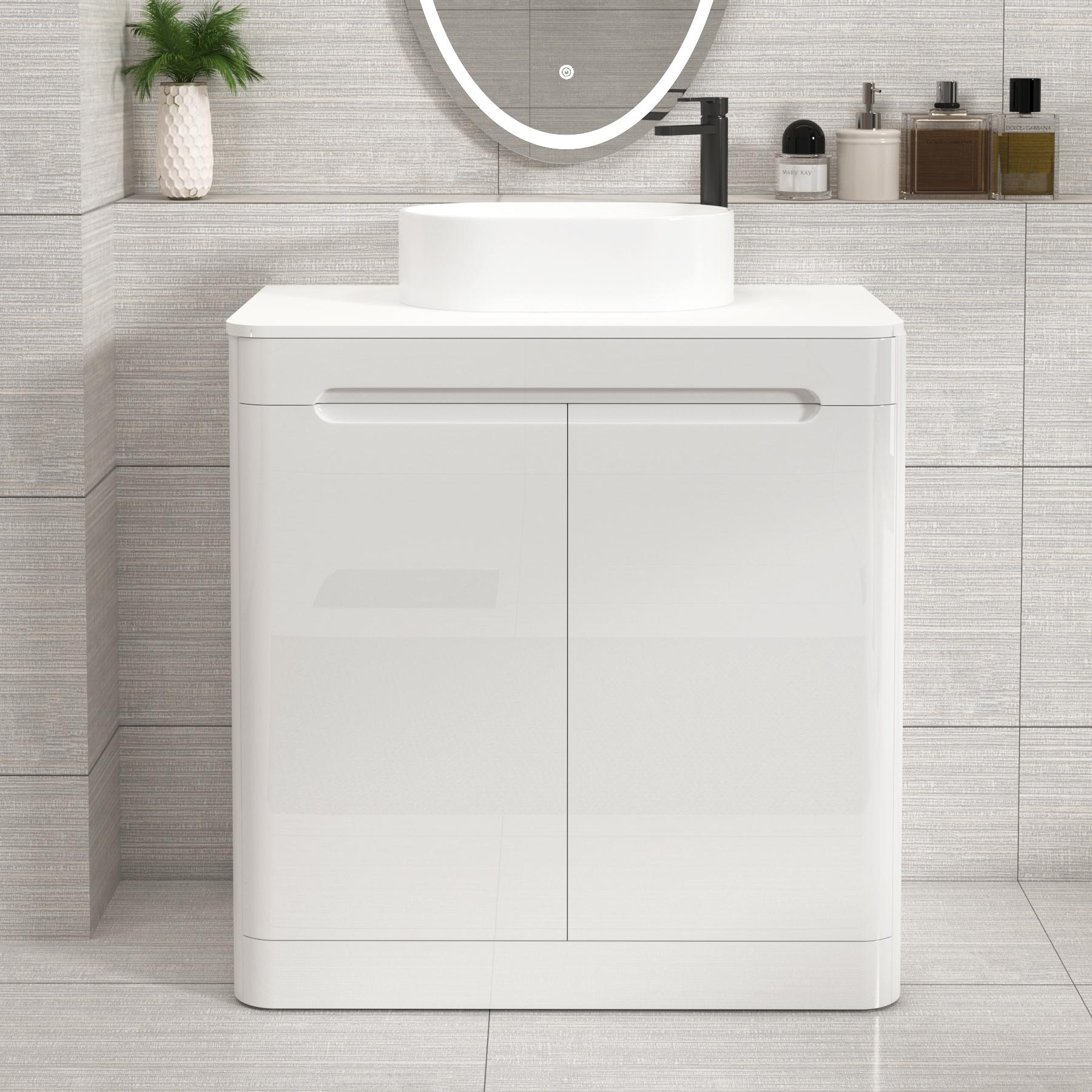 Venice 800mm Gloss White Floor Standing Vanity Unit 2 Door Plain White Worktop with Peak Basin 