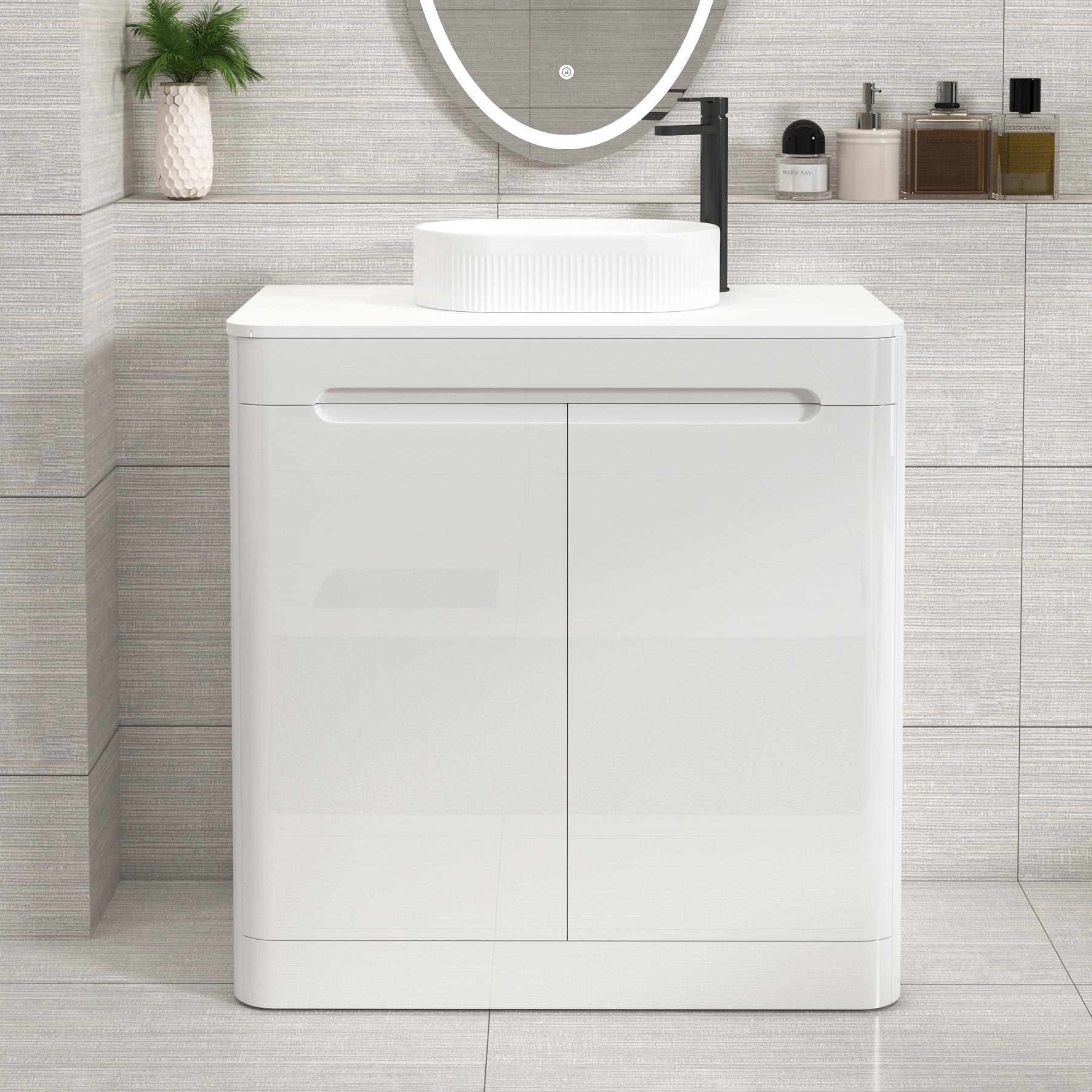 Venice Gloss White Floor Standing Vanity Unit 2 Door with Plain White Undrilled Worktop & Various Countertop Basins