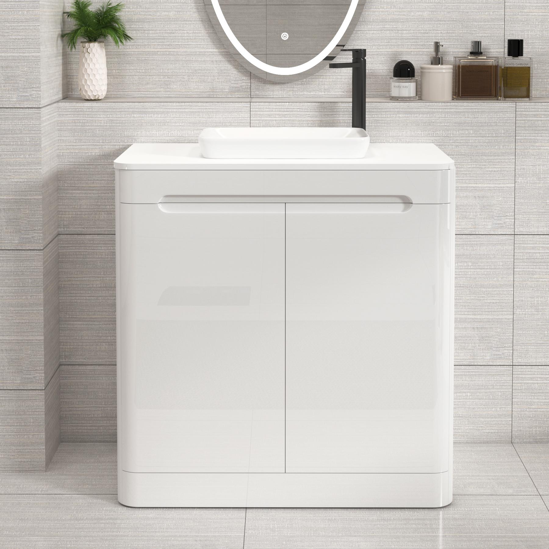 Venice 800mm Gloss White Floor Standing Vanity Unit 2 Door Plain White Worktop with Qubix Basin 
