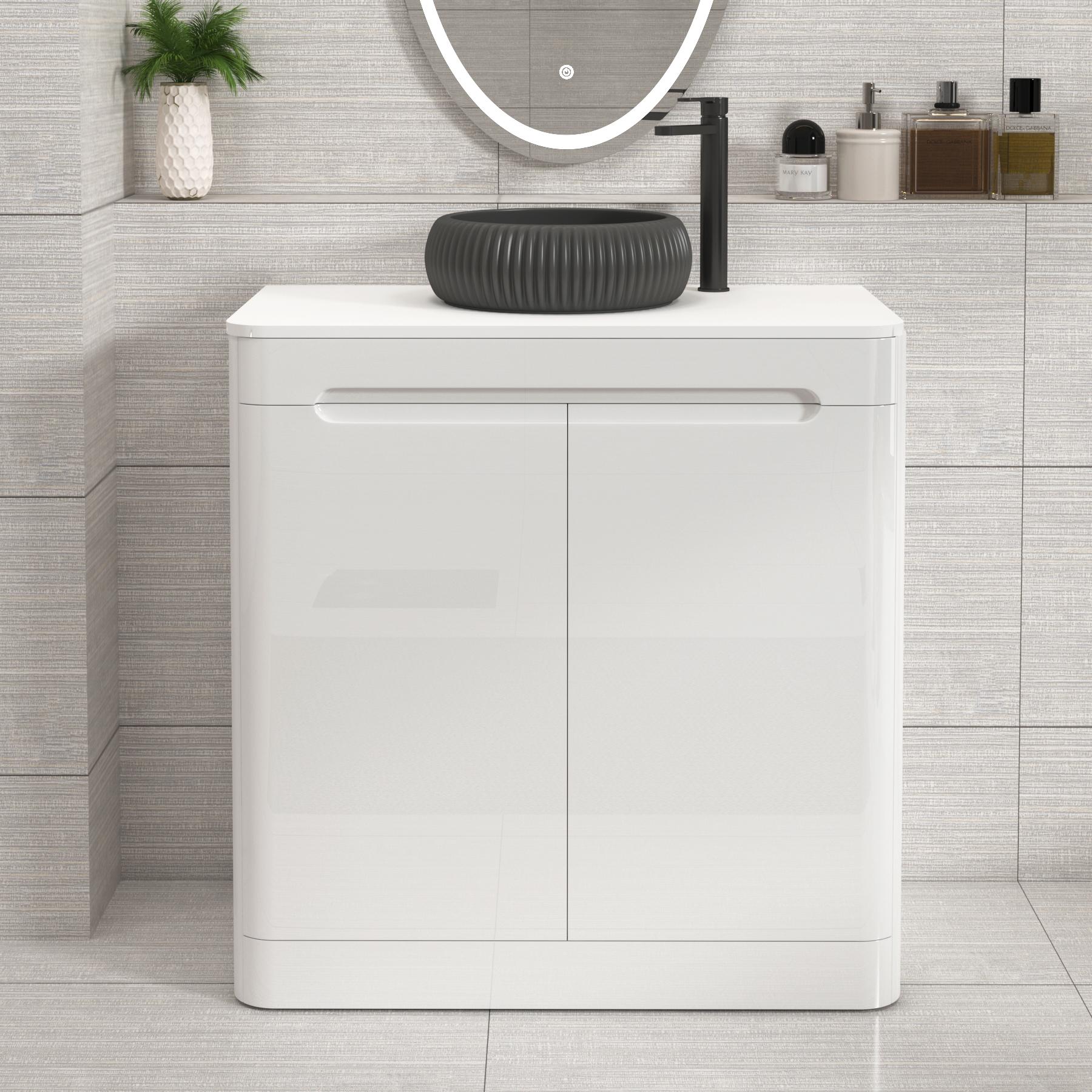 Venice 800mm Gloss White Floor Standing Vanity Unit 2 Door Plain White Worktop with Milan Black Basin 