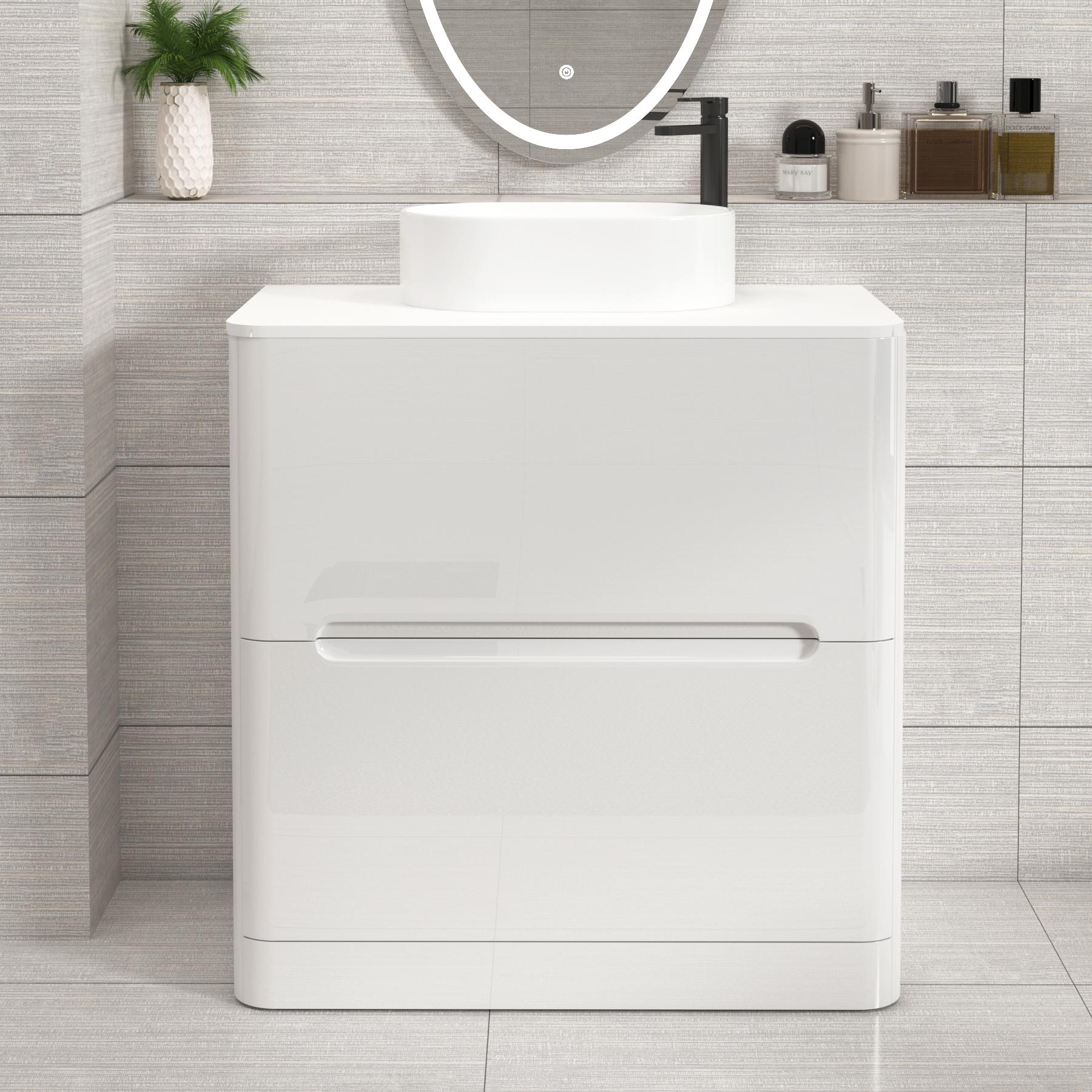 Venice 800mm Gloss White Floor Standing Vanity Unit 2 Drawer Plain White Worktop with Peak Basin 