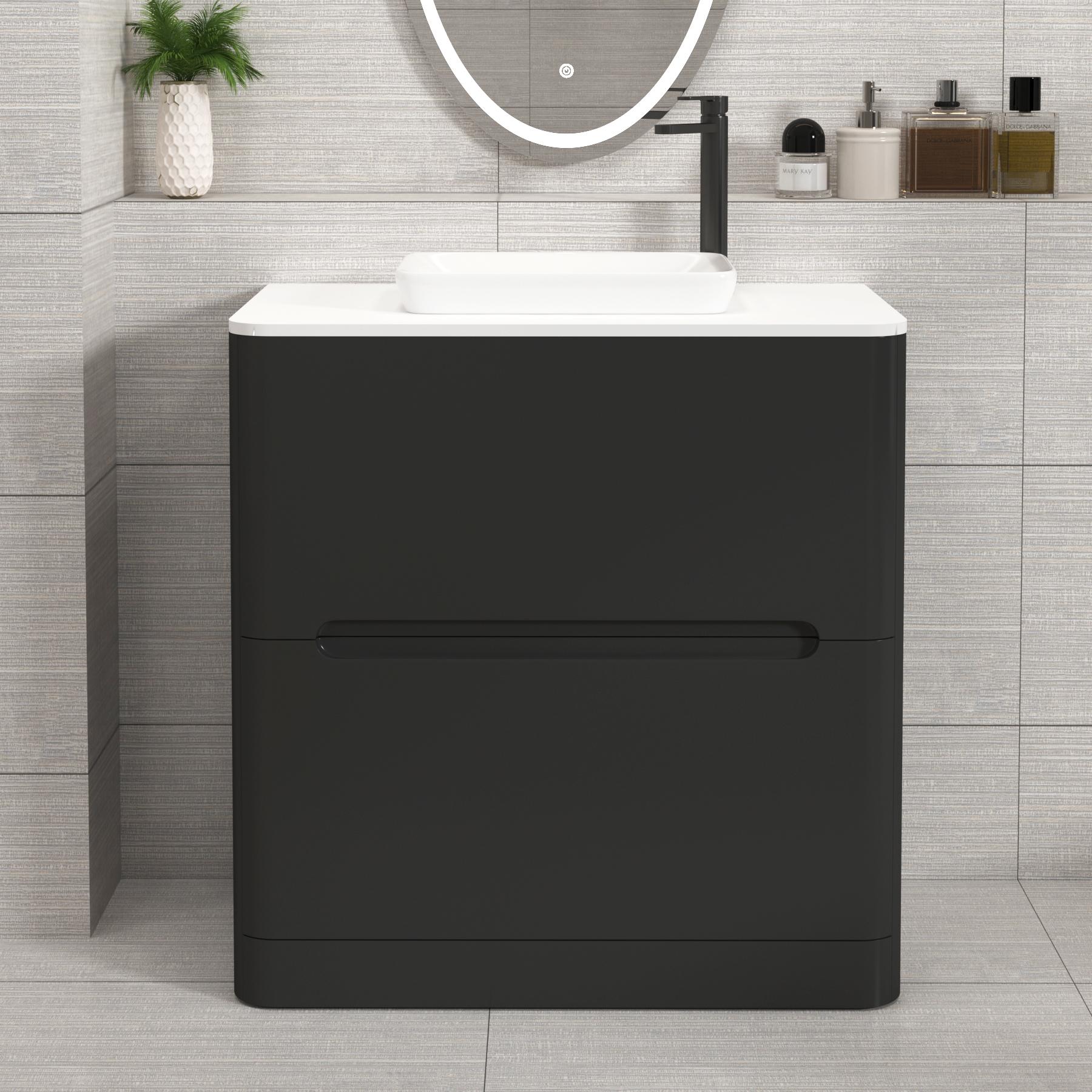 Venice 800mm Matt Nocturne Black Floor Standing Vanity Unit 2 Drawer Plain White Worktop with Qubix Basin
