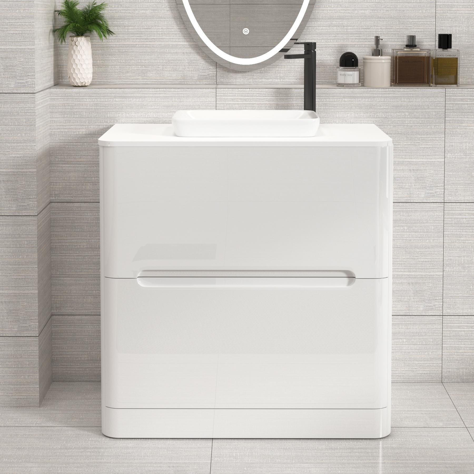 Venice 800mm Gloss White Floor Standing Vanity Unit 2 Drawer Plain White Worktop with Qubix Basin 