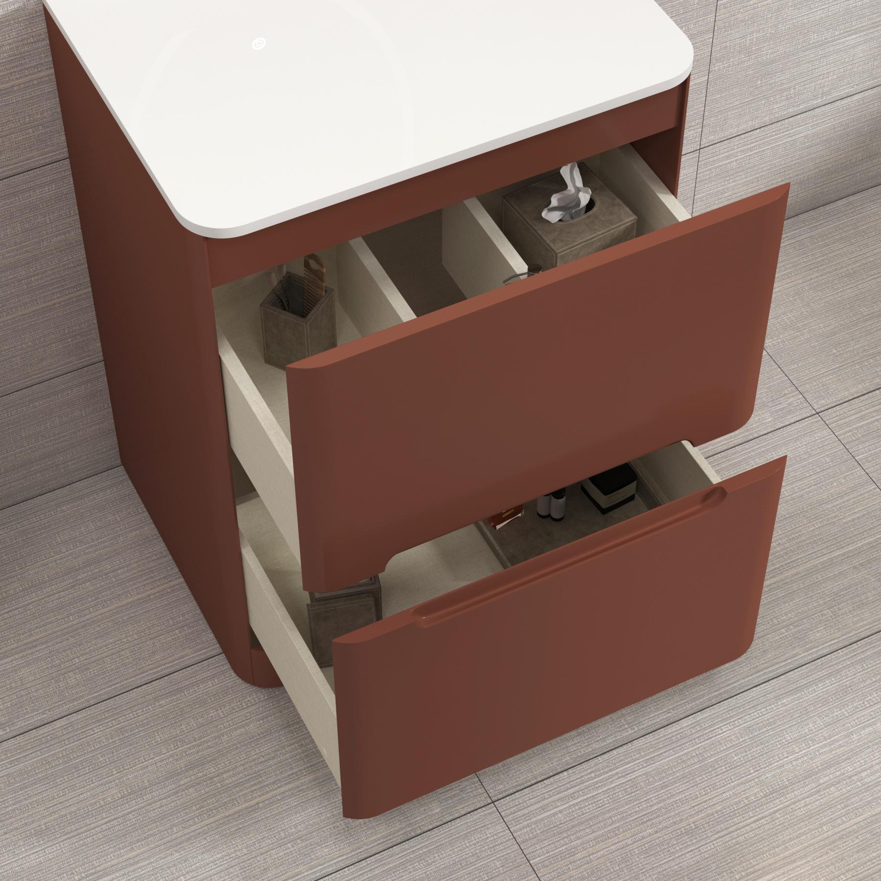 Venice 600mm Terracotta Clay Floor Standing Vanity Unit 2 Drawer Plain White Worktop with Art Square Basin 