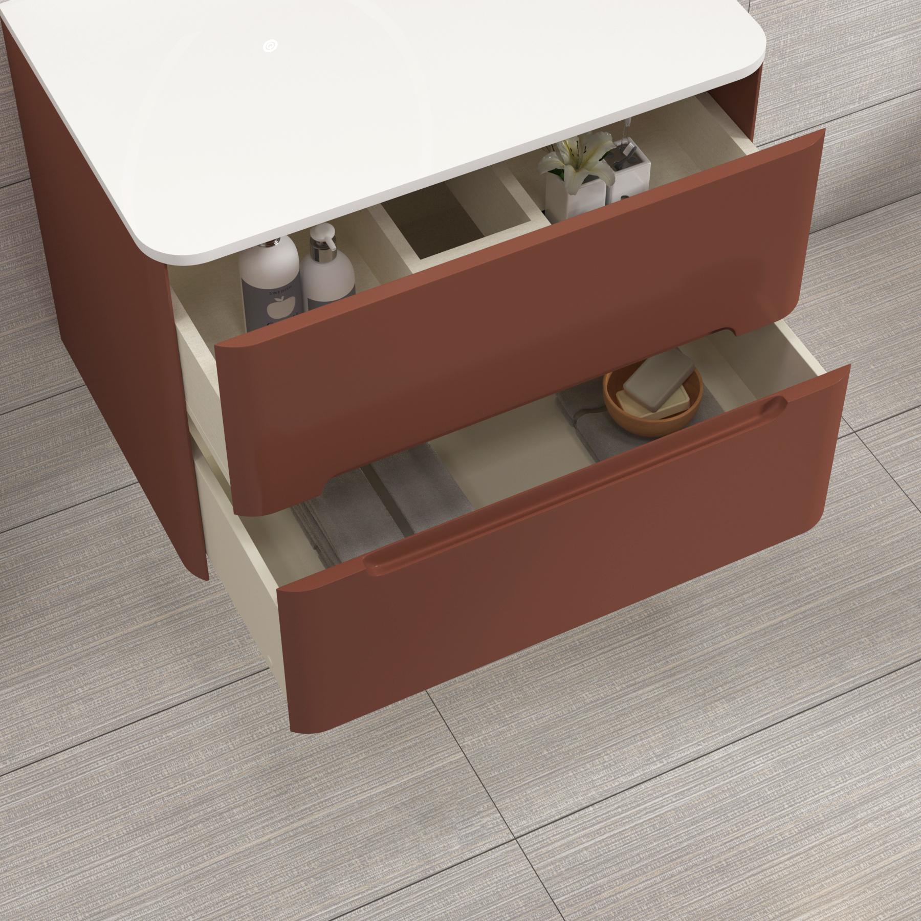 Venice 700mm Terracotta Clay Wall Hung Vanity Unit 2 Drawer Plain White Worktop with Art Round Basin 