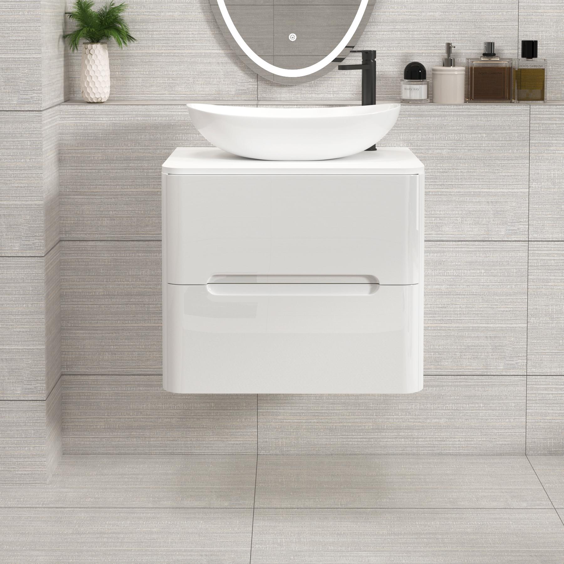 Venice Gloss White Wall Hung Vanity Unit 2 Drawer with Plain White Undrilled Worktop & Various Countertop Basins