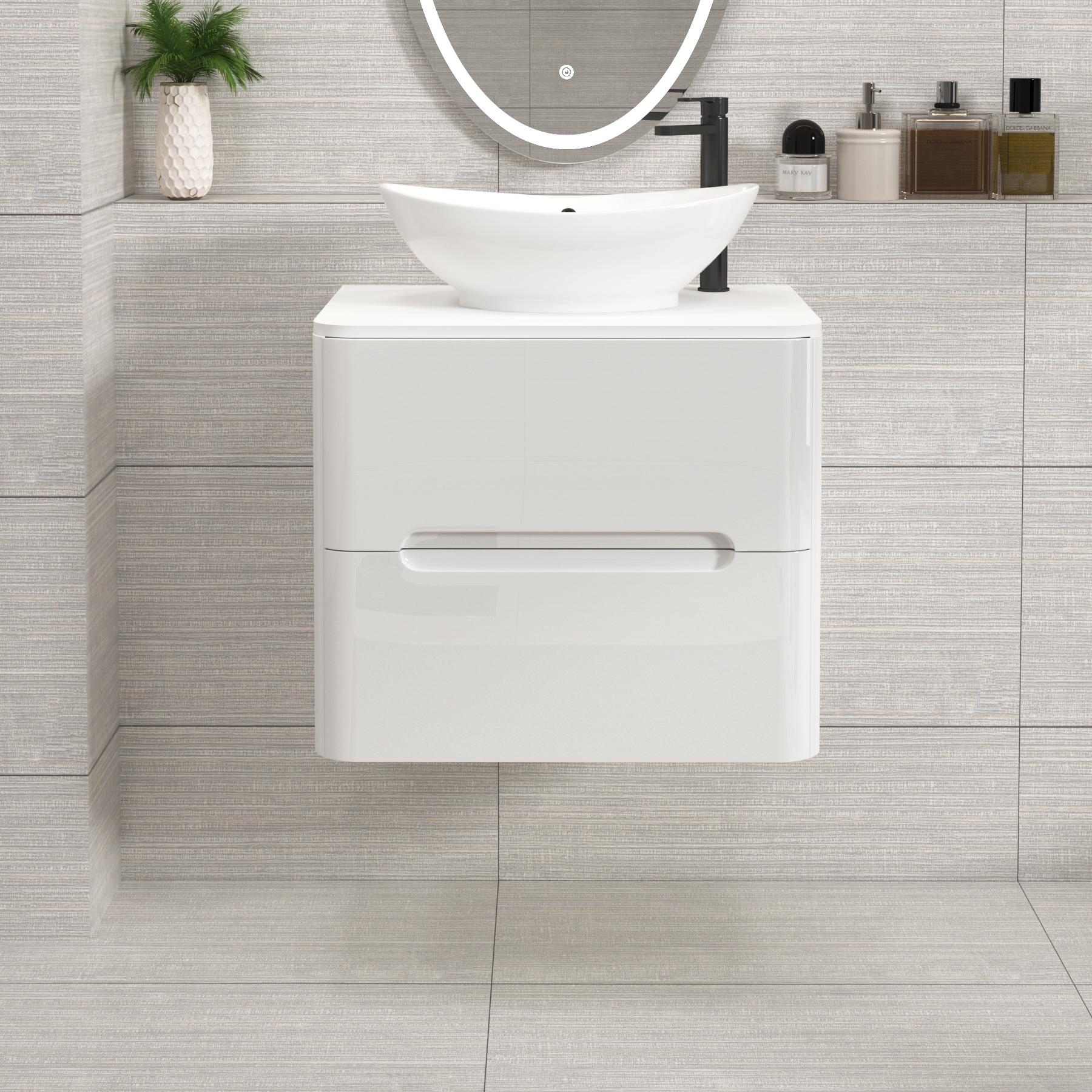 Venice Gloss White Wall Hung Vanity Unit 2 Drawer with Plain White Undrilled Worktop & Various Countertop Basins