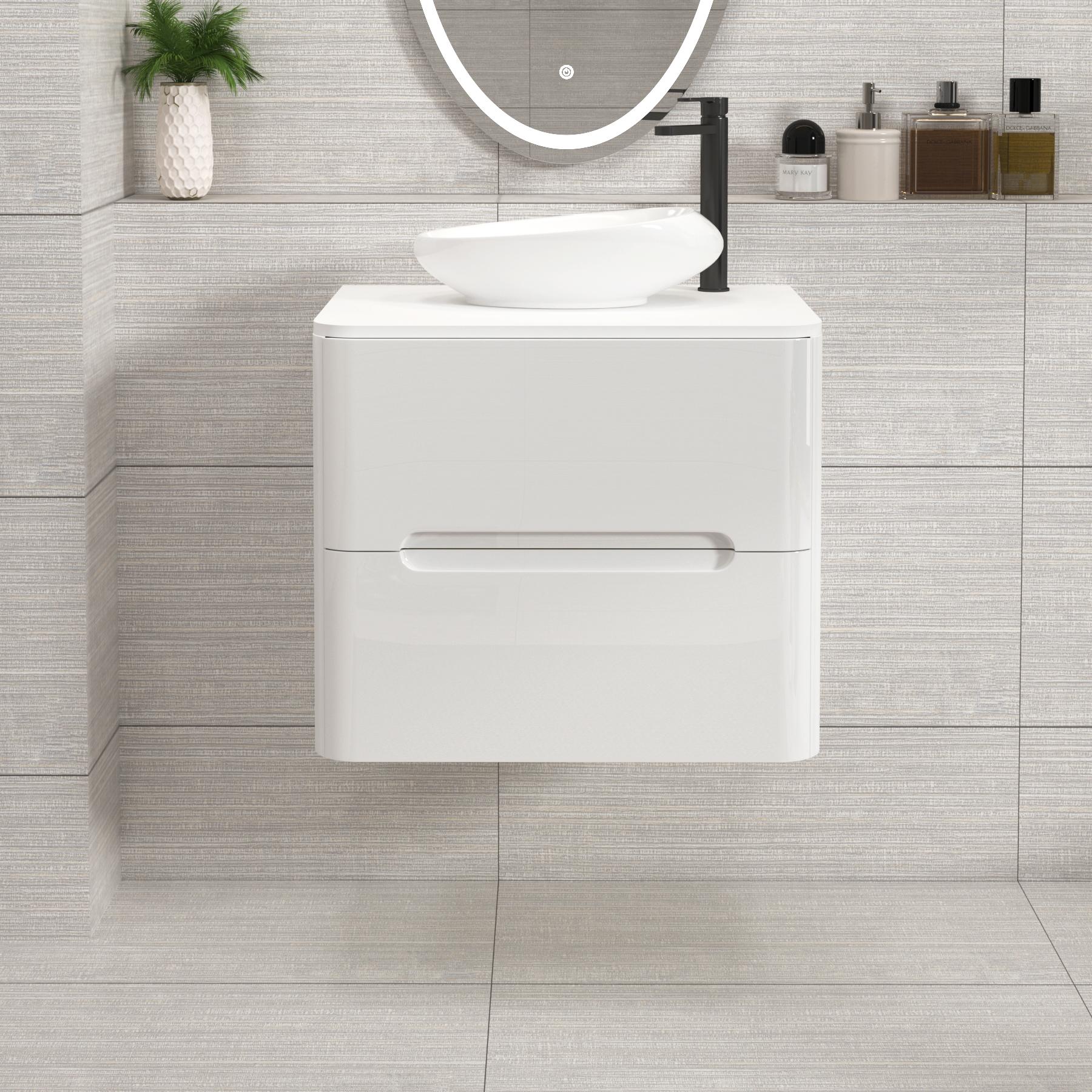 Venice 600mm Gloss White Wall Hung Vanity Unit 2 Drawer Plain White Worktop with Nova Basin 