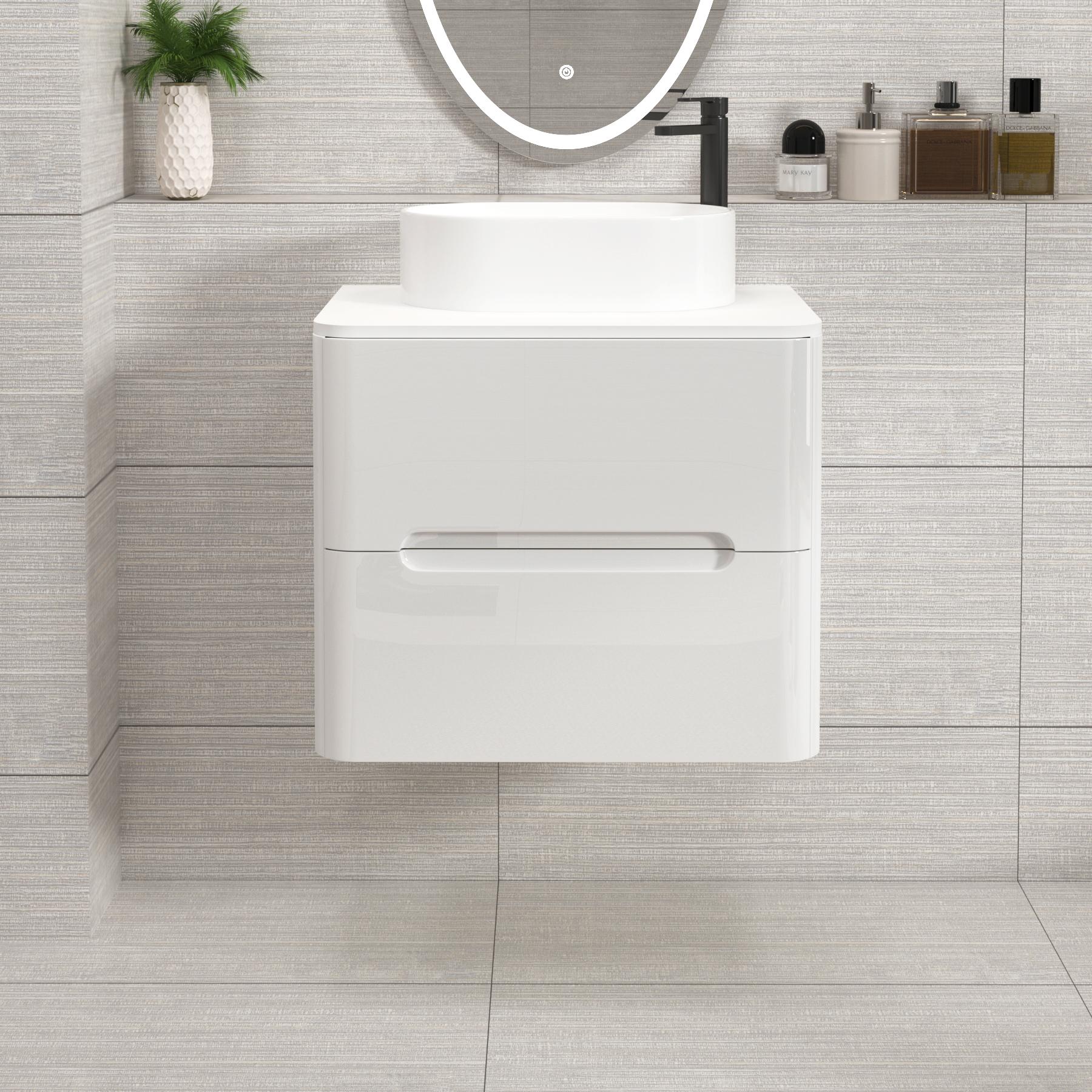 Venice 600mm Gloss White Wall Hung Vanity Unit 2 Drawer Plain White Worktop with Peak Basin 