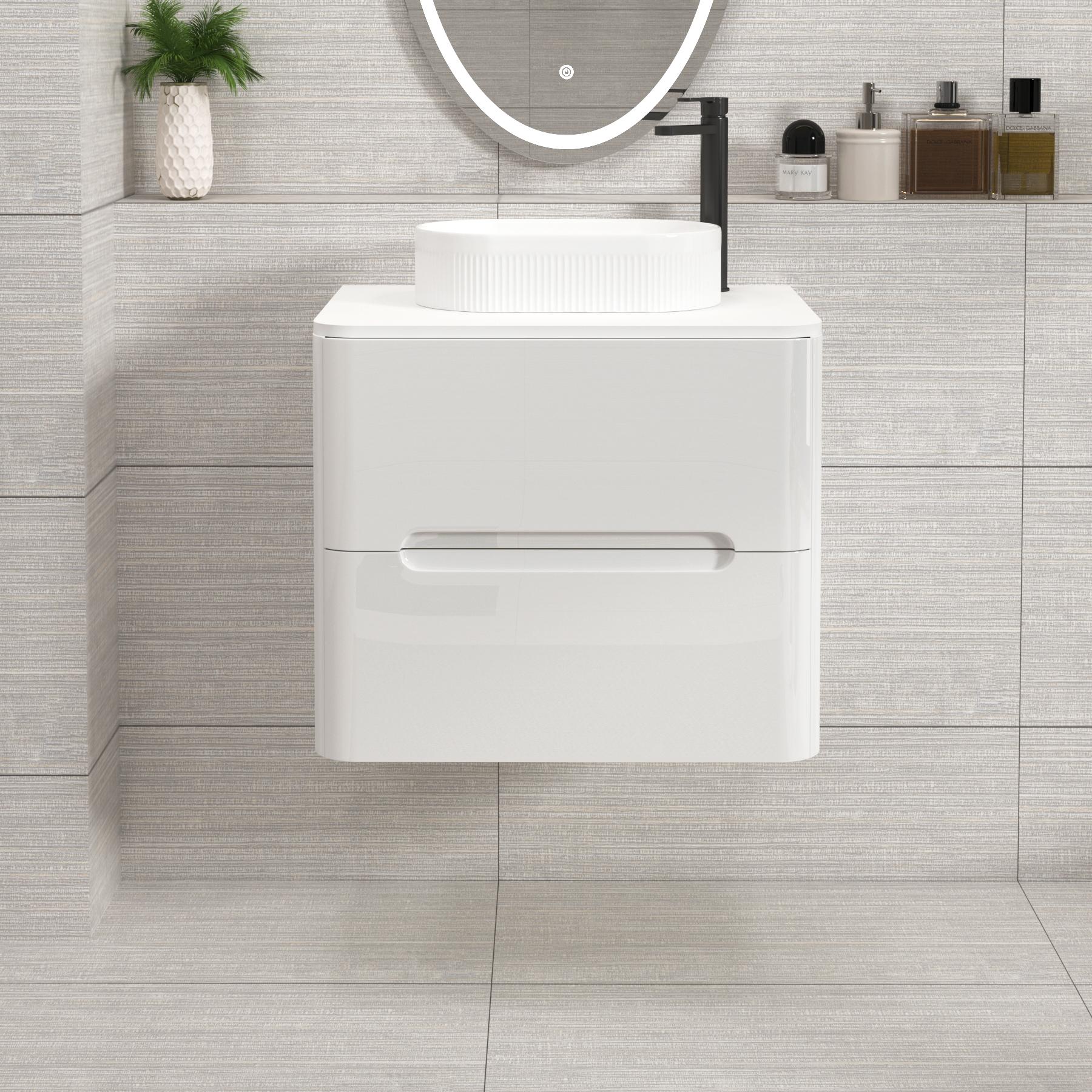 Venice Gloss White Wall Hung Vanity Unit 2 Drawer with Plain White Undrilled Worktop & Various Countertop Basins