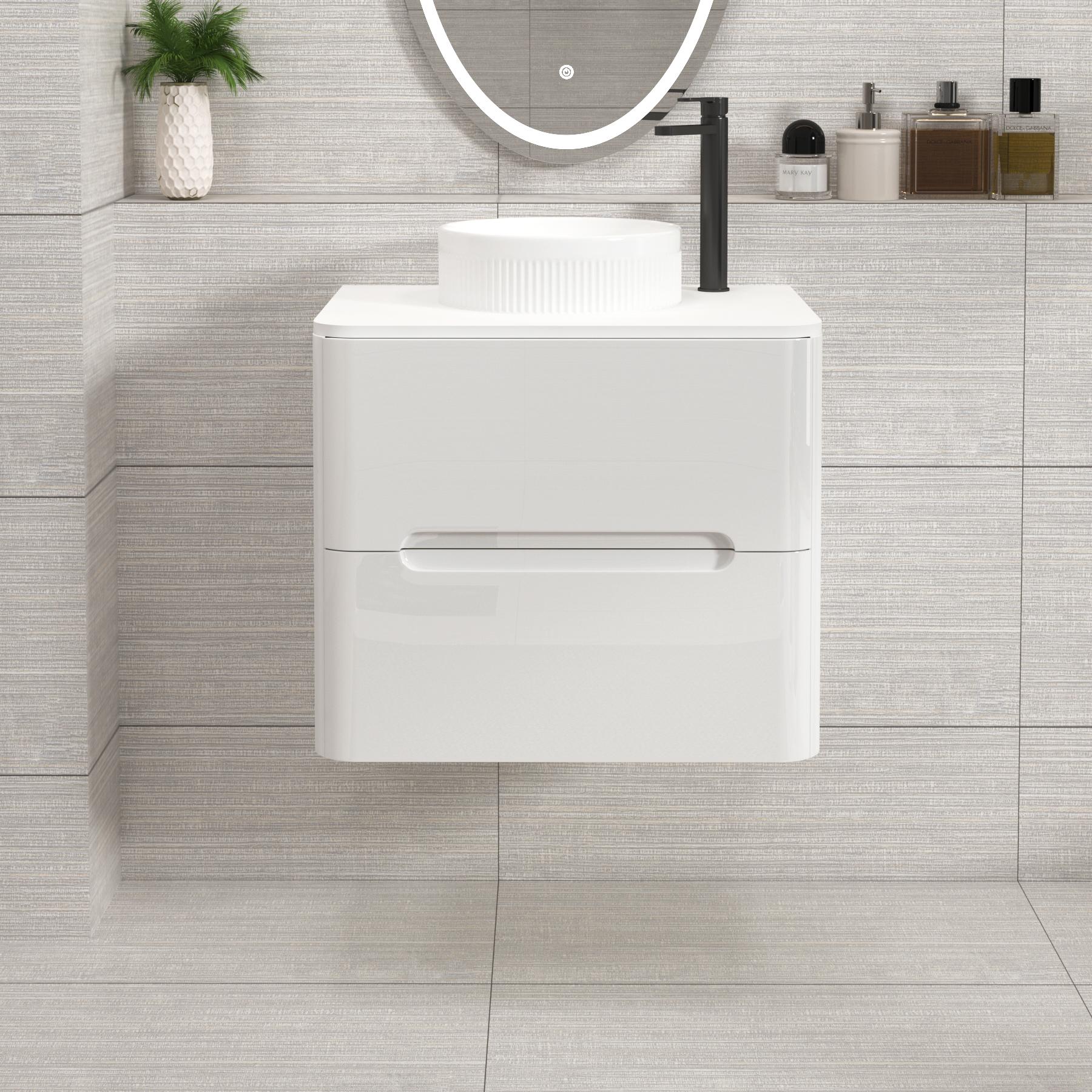 Venice 600mm Gloss White Wall Hung Vanity Unit 2 Drawer Plain White Worktop with Round Basin 