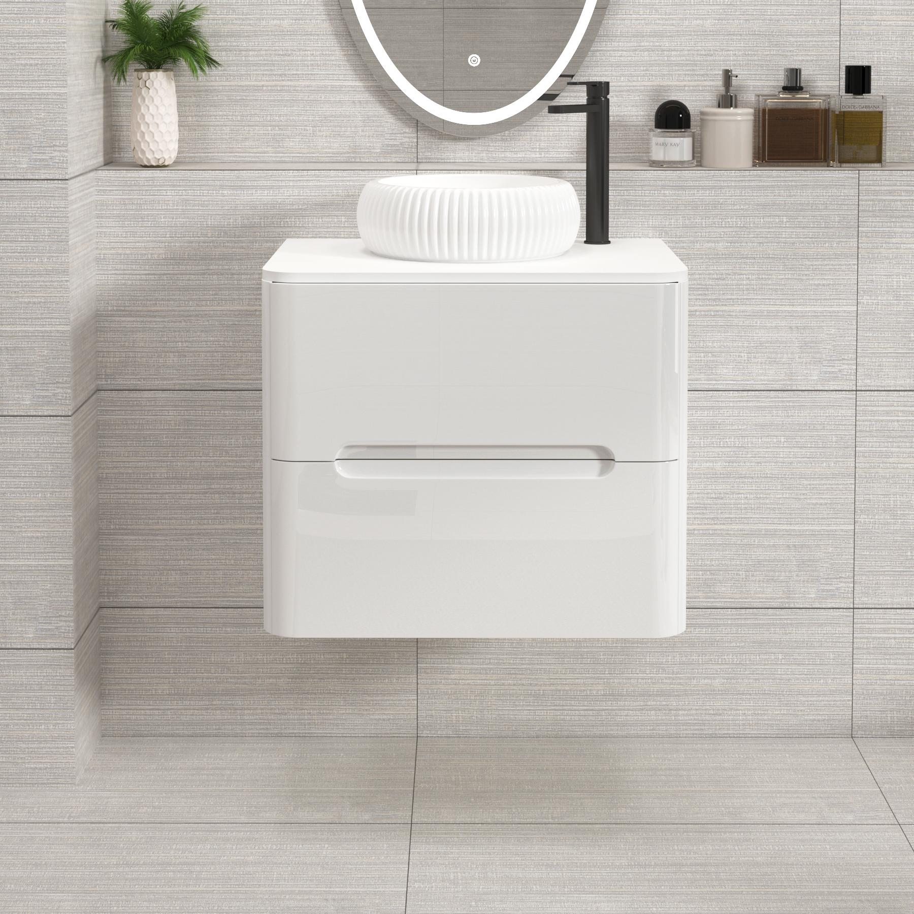 Venice 600mm Gloss White Wall Hung Vanity Unit 2 Drawer Plain White Worktop with Milan Basin 