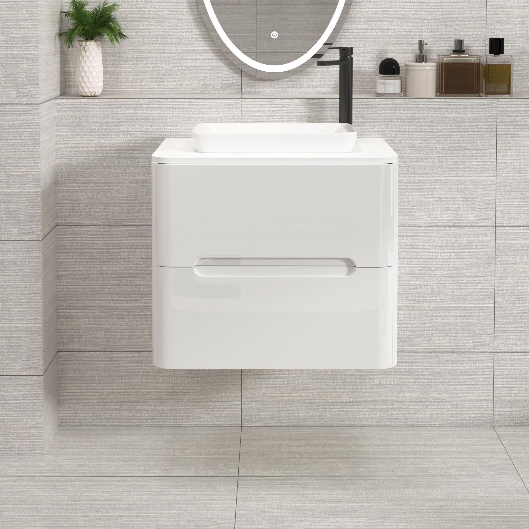 Venice 600mm Gloss White Wall Hung Vanity Unit 2 Drawer Plain White Worktop with Qubix Basin 