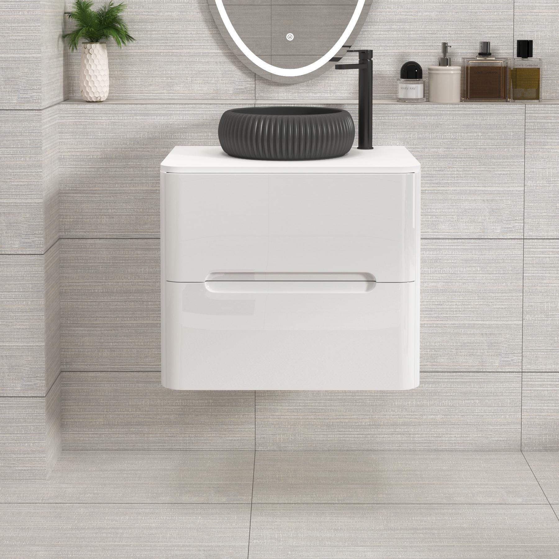 Venice 600mm Gloss White Wall Hung Vanity Unit 2 Drawer Plain White Worktop with Milan Black Basin 
