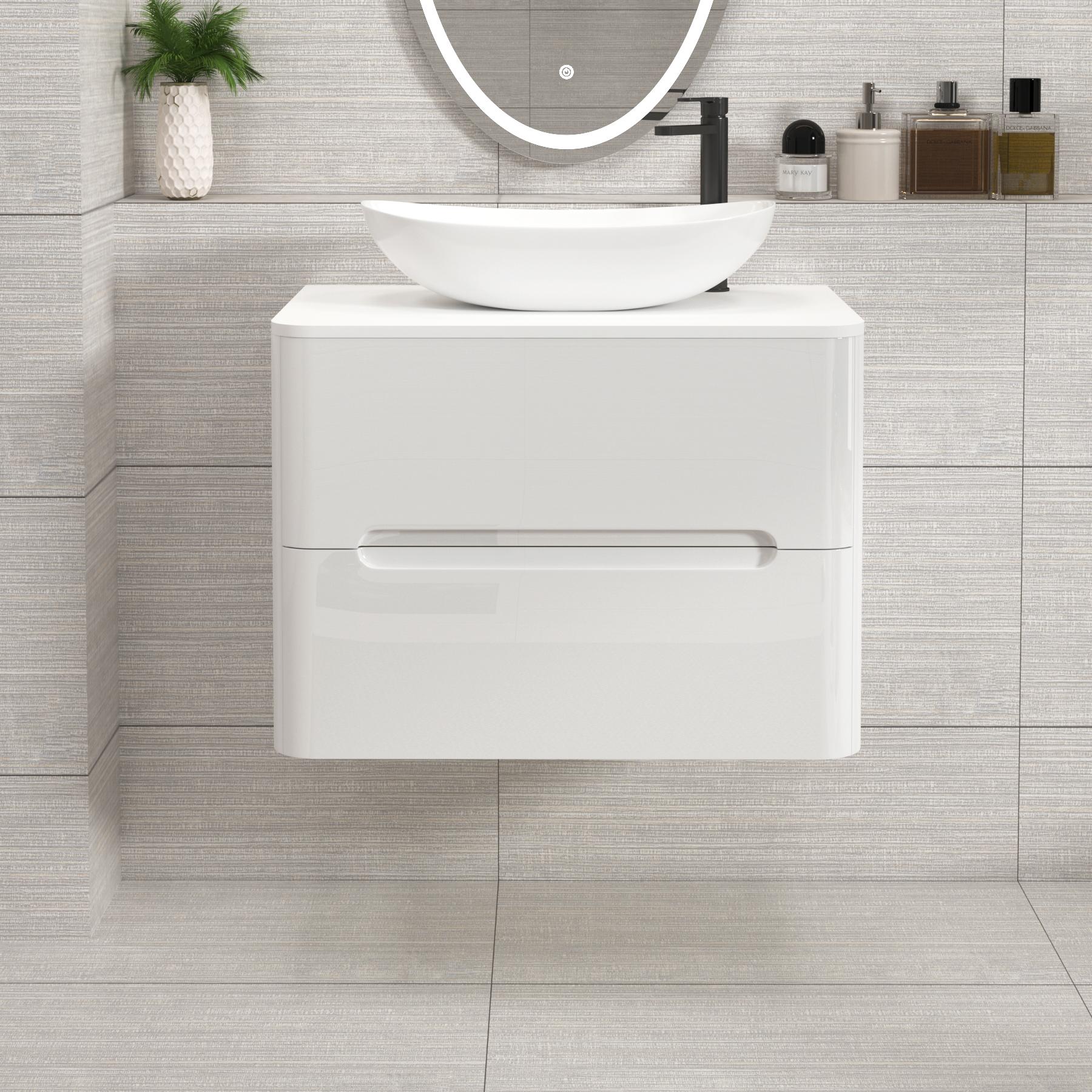 Venice Gloss White Wall Hung Vanity Unit 2 Drawer with Plain White Undrilled Worktop & Various Countertop Basins