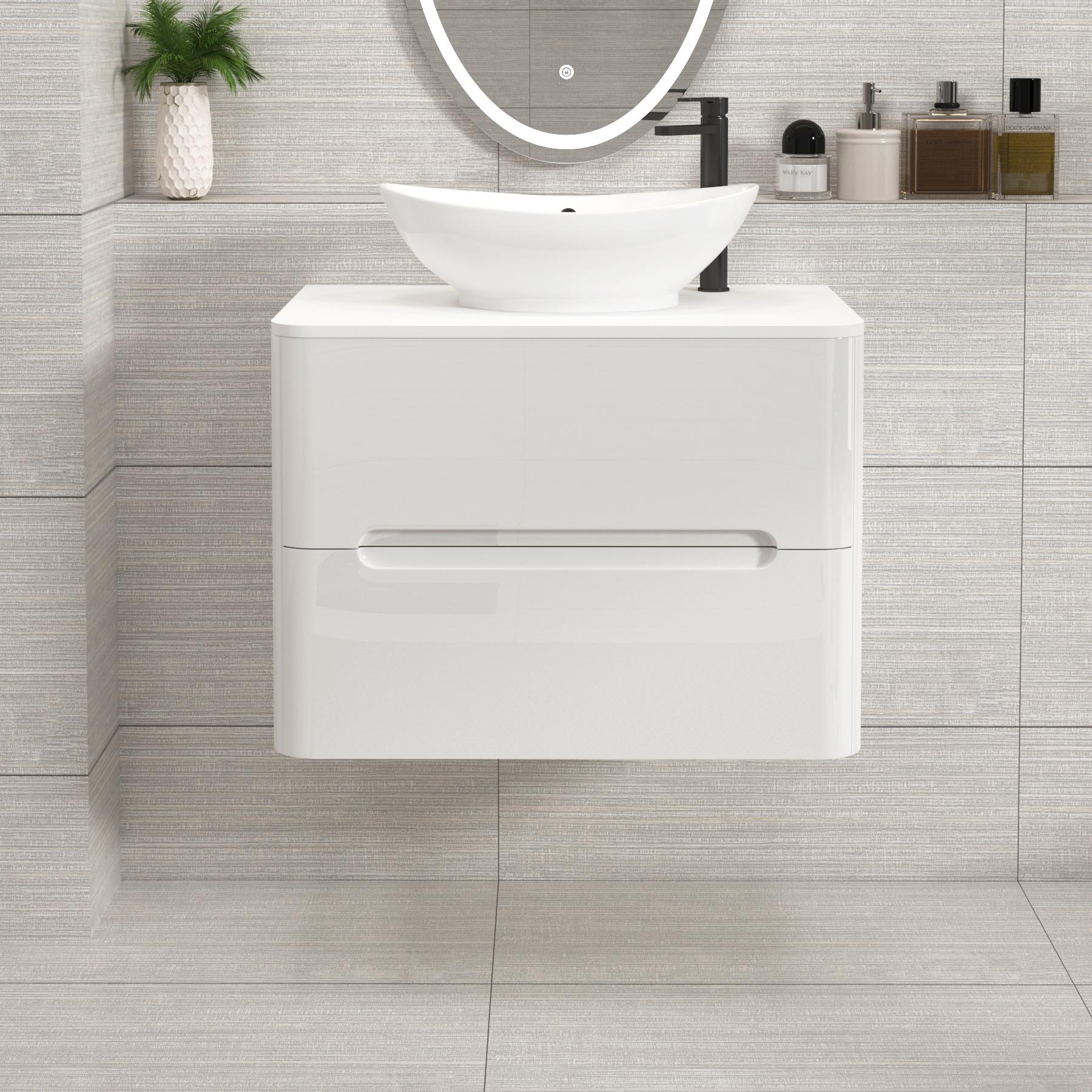 Venice Gloss White Wall Hung Vanity Unit 2 Drawer with Plain White Undrilled Worktop & Various Countertop Basins