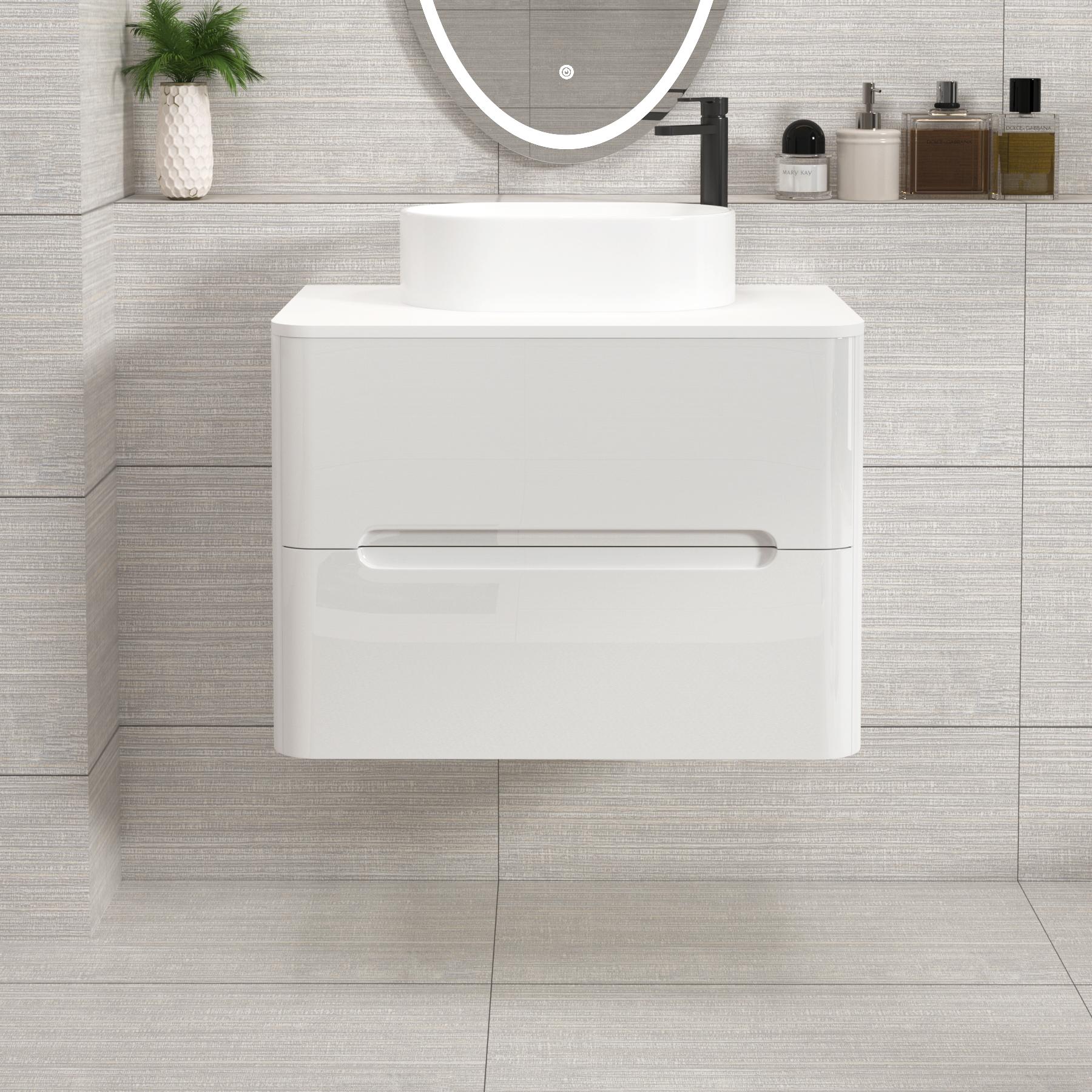 Venice Gloss White Wall Hung Vanity Unit 2 Drawer with Plain White Undrilled Worktop & Various Countertop Basins