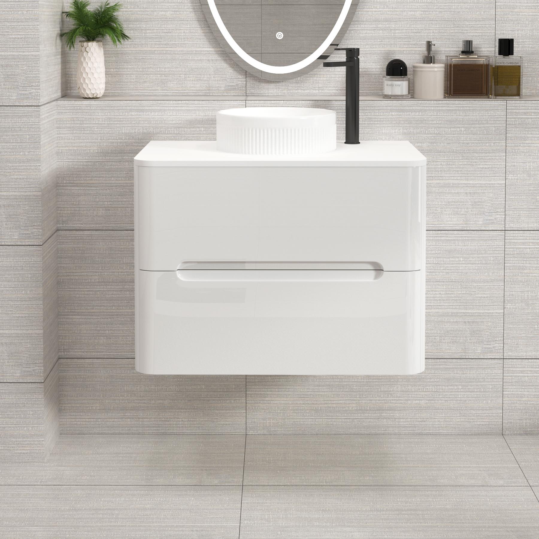 Venice Gloss White Wall Hung Vanity Unit 2 Drawer with Plain White Undrilled Worktop & Various Countertop Basins