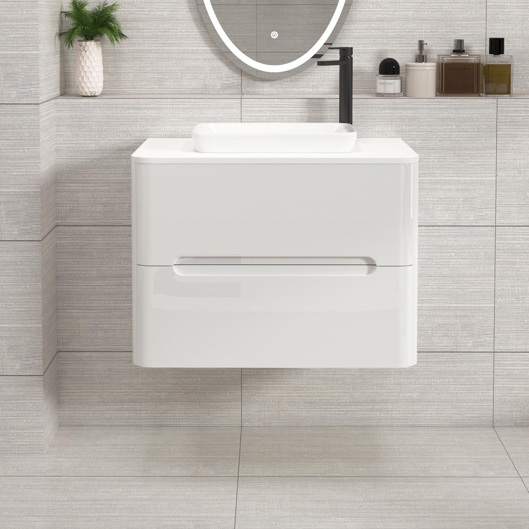 Venice Gloss White Wall Hung Vanity Unit 2 Drawer with Plain White Undrilled Worktop & Various Countertop Basins