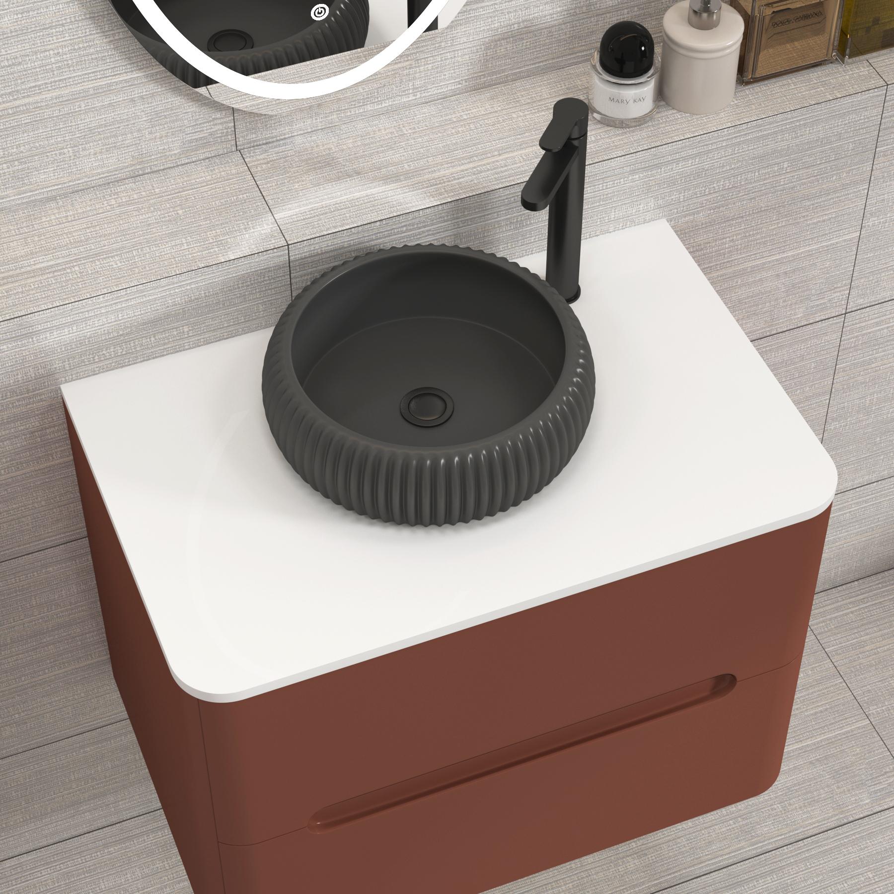 Venice 700mm Terracotta Clay Wall Hung Vanity Unit 2 Drawer Plain White Worktop with Milan Black Basin 