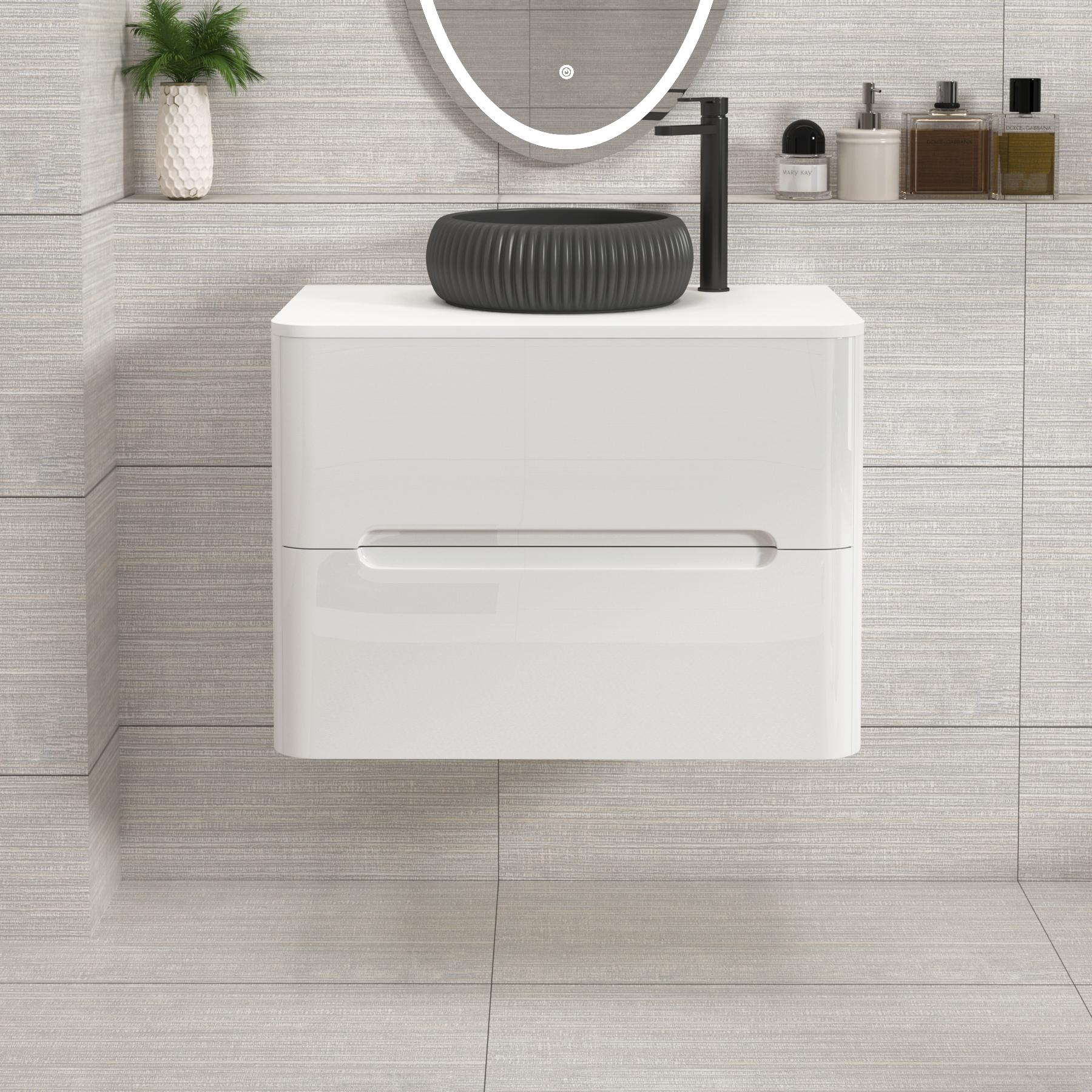 Venice Gloss White Wall Hung Vanity Unit 2 Drawer with Plain White Undrilled Worktop & Various Countertop Basins