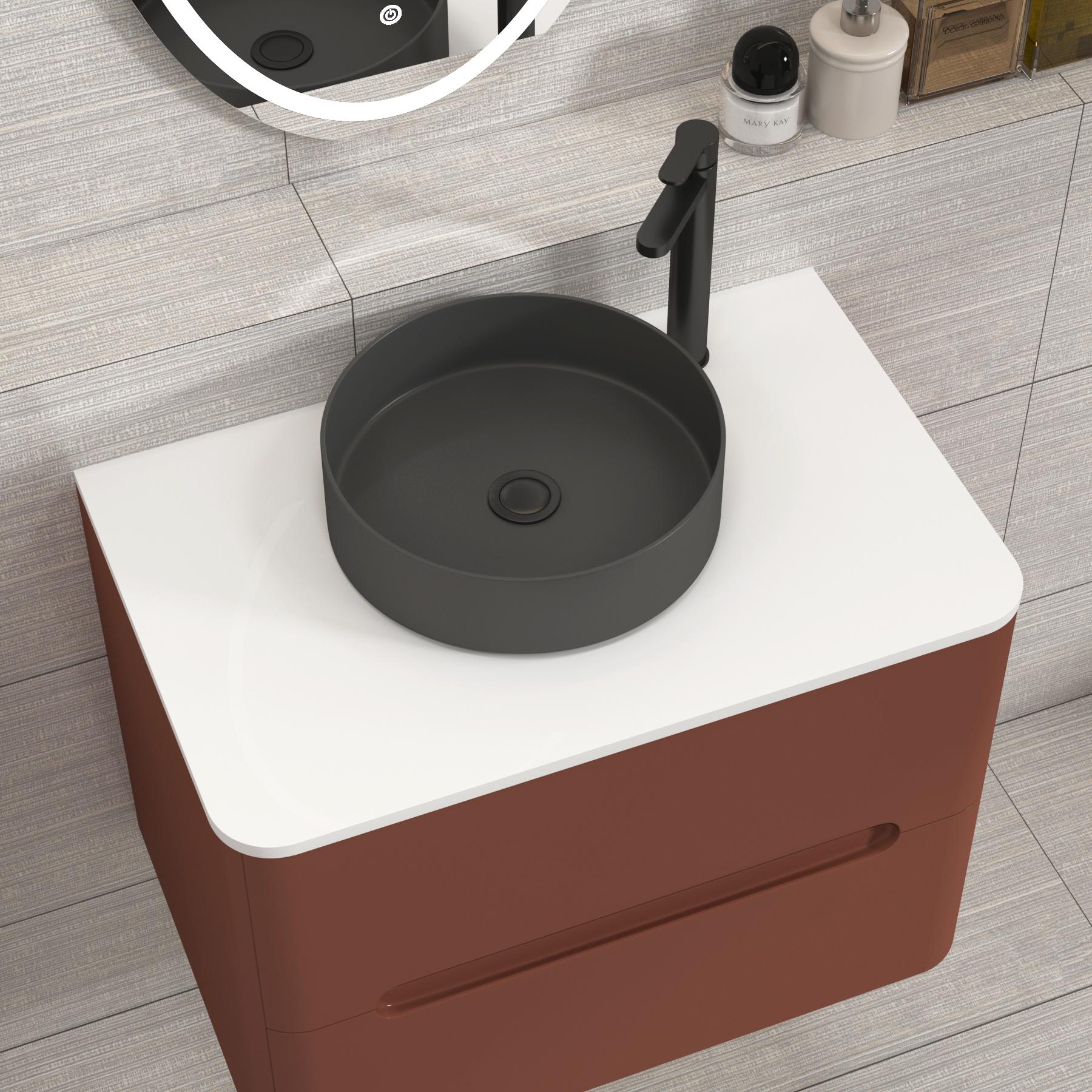 Venice 700mm Terracotta Clay Wall Hung Vanity Unit 2 Drawer Plain White Worktop with Art Round Basin 