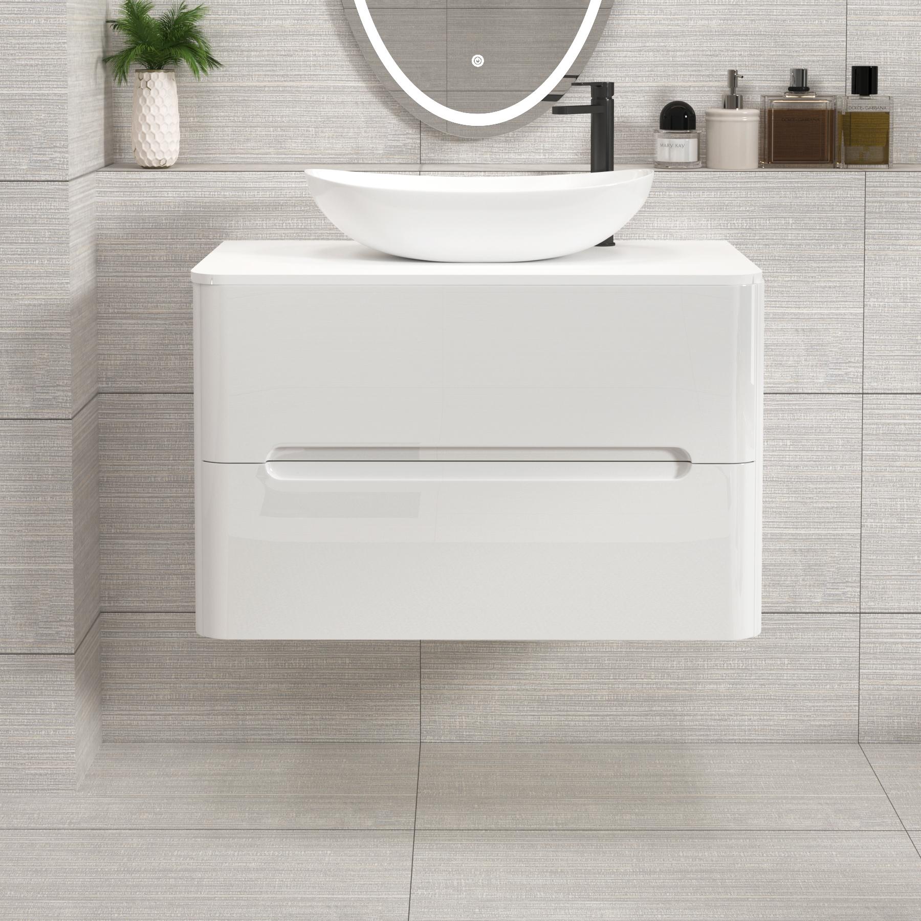 Venice Gloss White Wall Hung Vanity Unit 2 Drawer with Plain White Undrilled Worktop & Various Countertop Basins