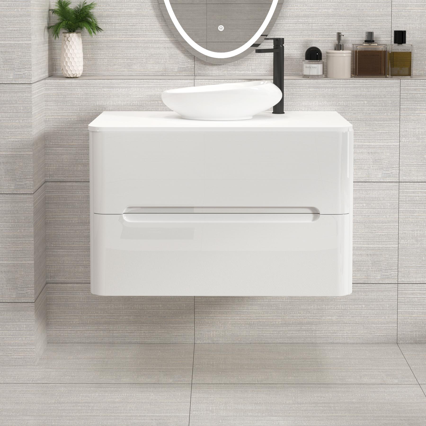Venice 800mm Gloss White Wall Hung Vanity Unit 2 Drawer Plain White Worktop with Nova Basin 
