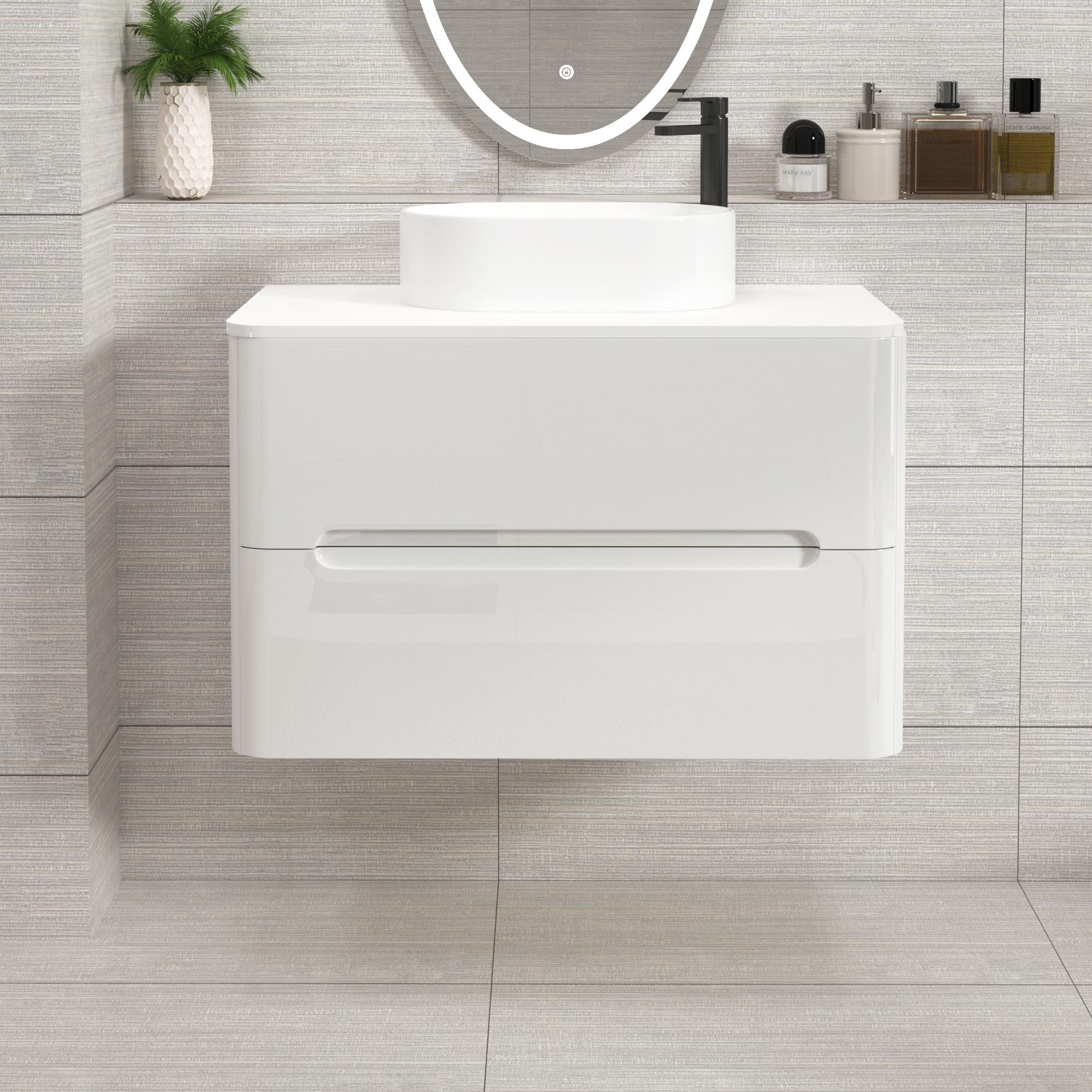 Venice 800mm Gloss White Wall Hung Vanity Unit 2 Drawer Plain White Worktop with Peak Basin 