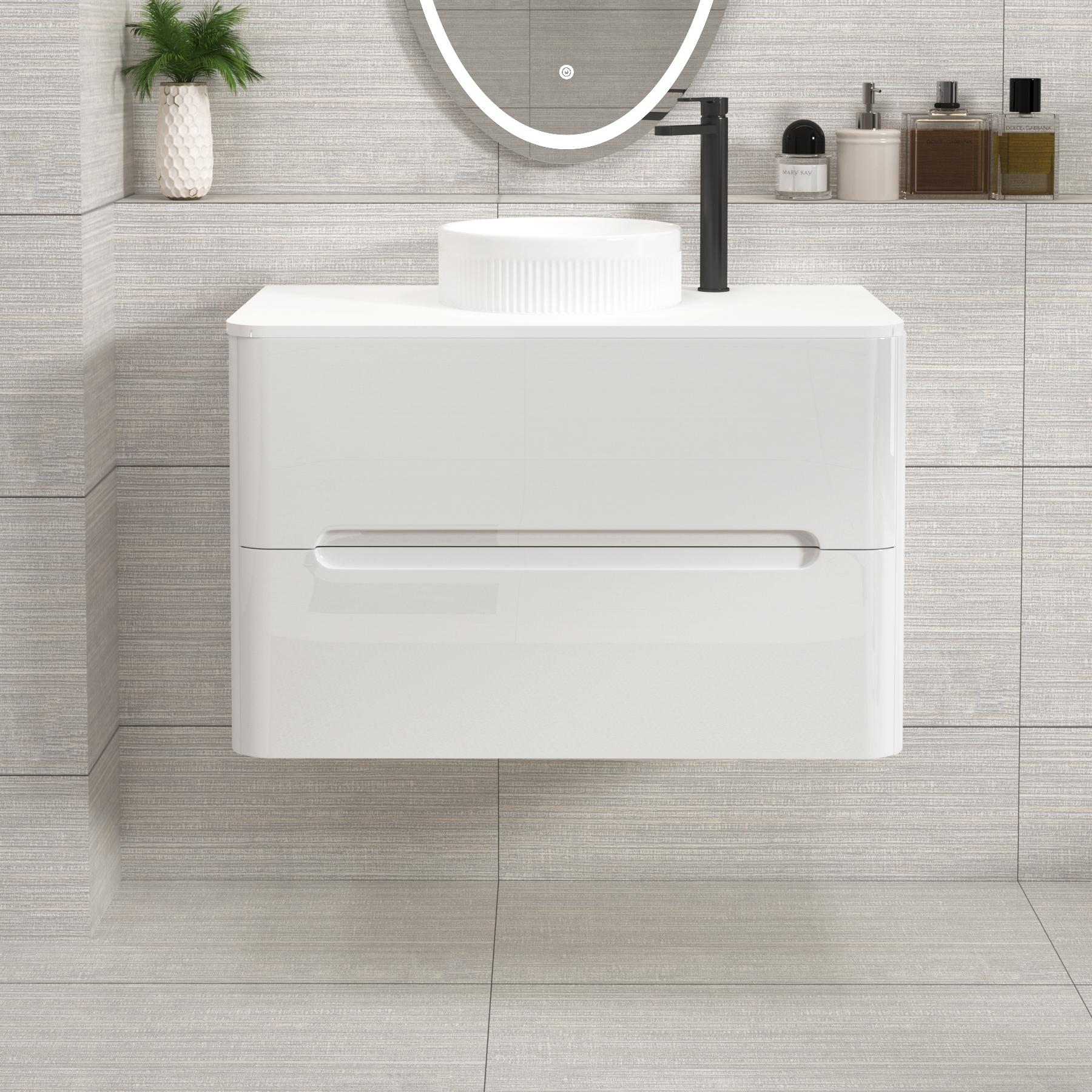 Venice 800mm Gloss White Wall Hung Vanity Unit 2 Drawer Plain White Worktop with Round Basin 