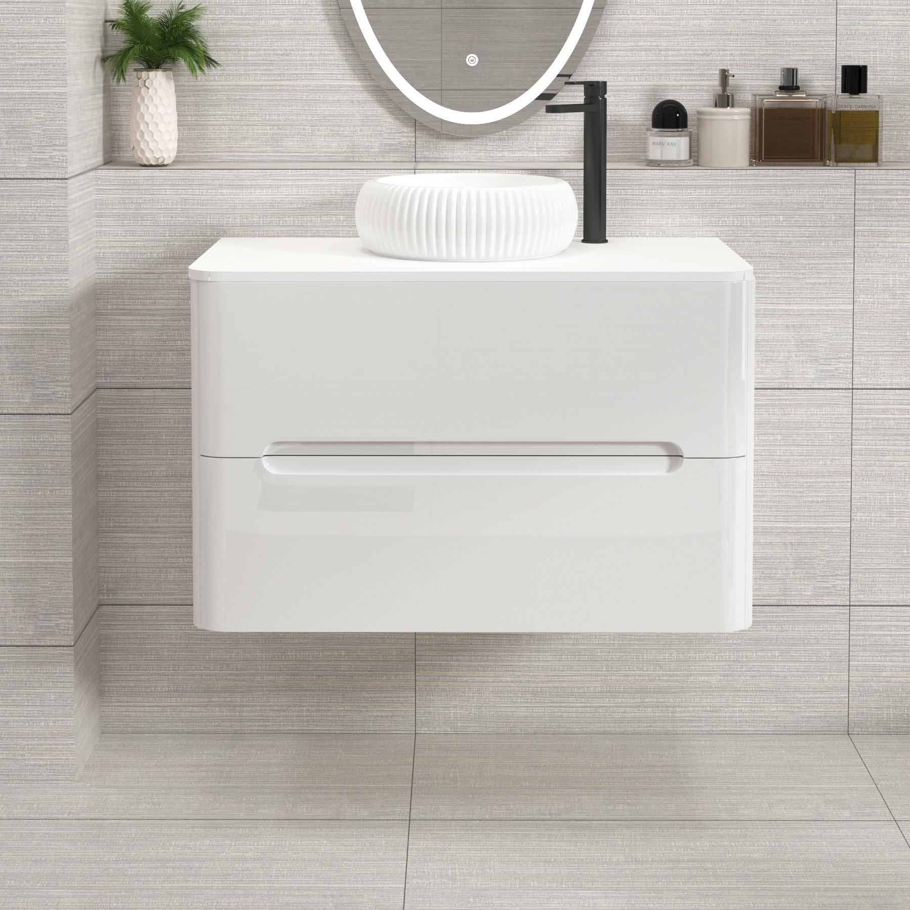 Venice 800mm Gloss White Wall Hung Vanity Unit 2 Drawer Plain White Worktop with Milan Basin 