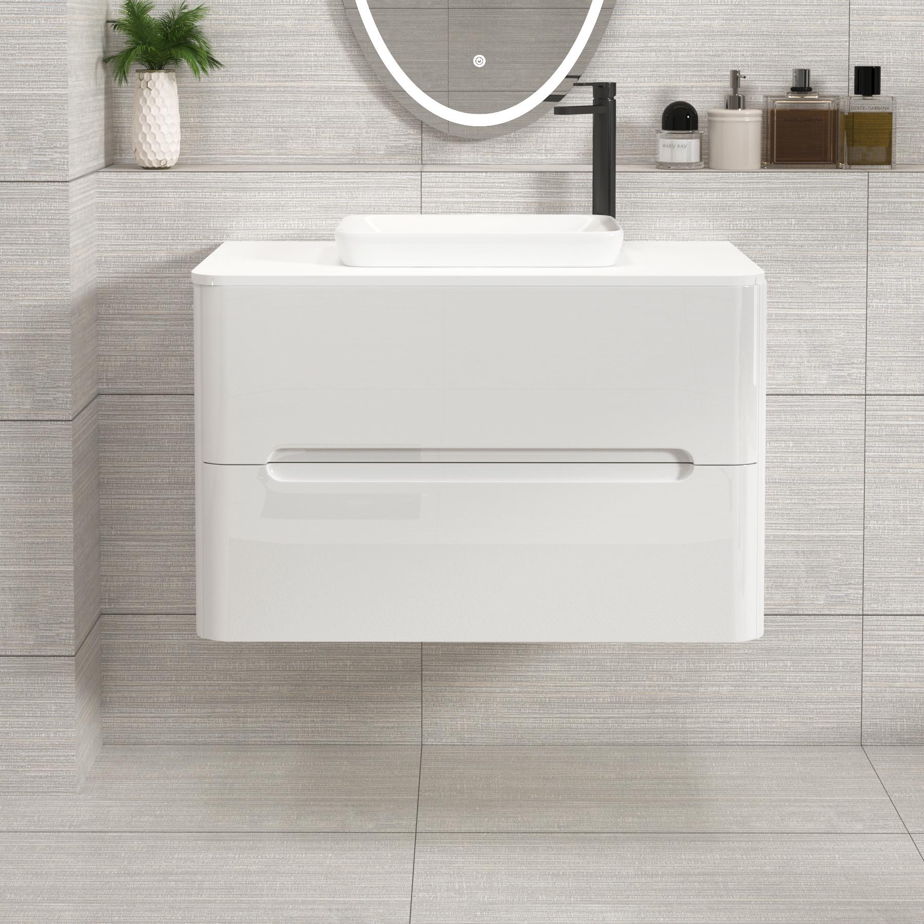 Venice 800mm Gloss White Wall Hung Vanity Unit 2 Drawer Plain White Worktop with Qubix Basin 