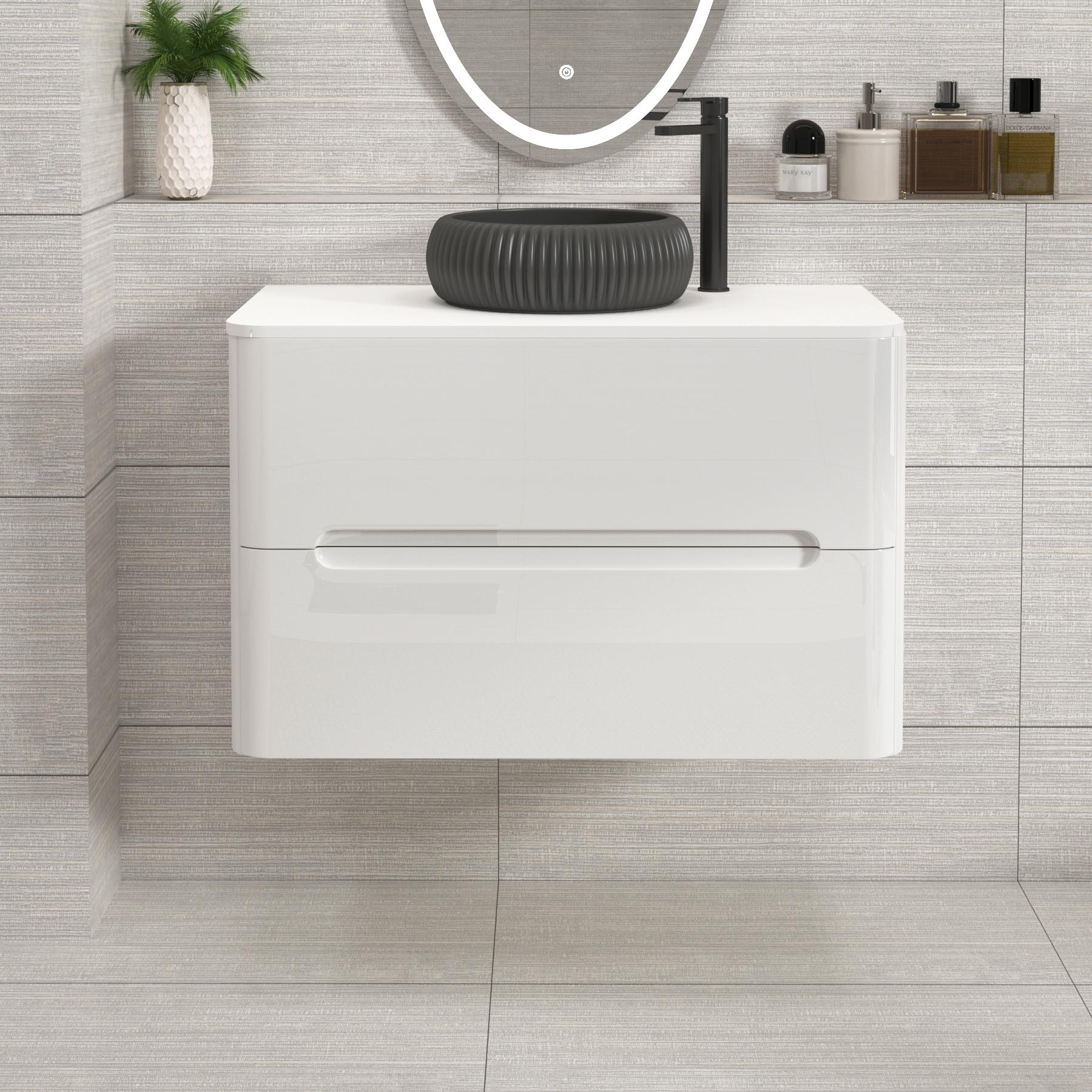 Venice 800mm Gloss White Wall Hung Vanity Unit 2 Drawer Plain White Worktop with Milan Black Basin 
