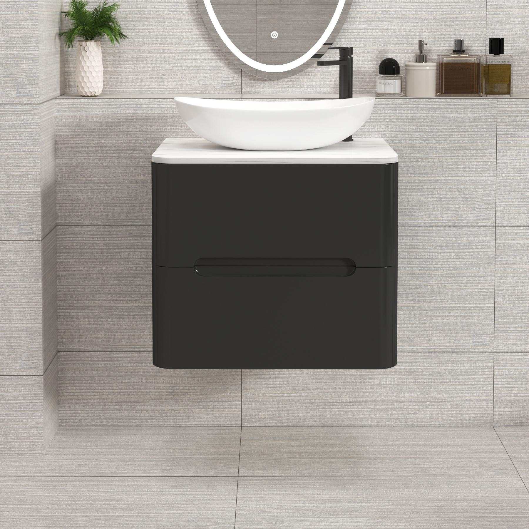 Venice Matt Nocturne Black 2 Drawer Wall Hung Vanity Unit with Carrara White Undrilled Worktop & Various Countertop Basins
