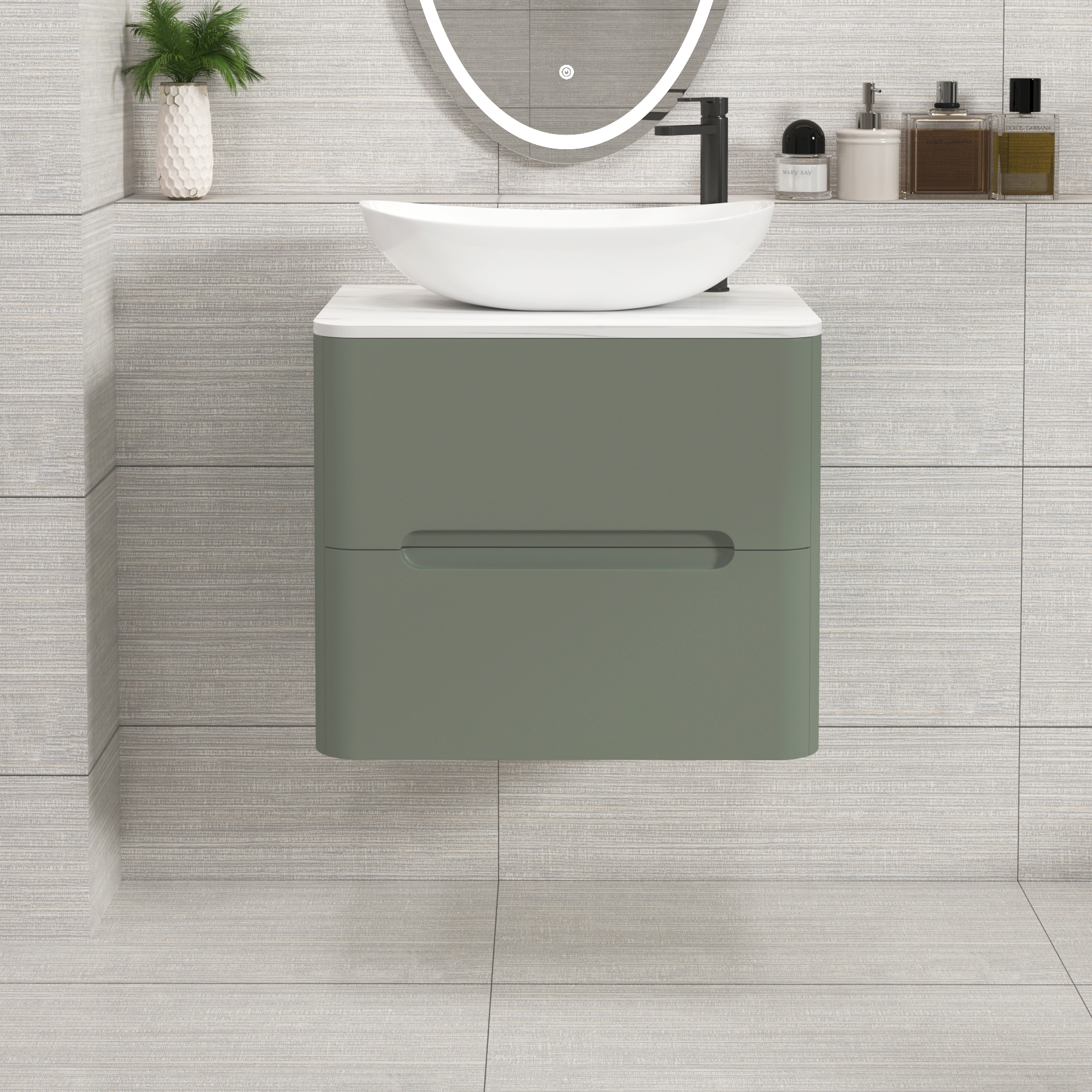 Venice Sage Green 2 Drawer Wall Hung Vanity Unit with Carrara White Undrilled Worktop & Various Countertop Basins