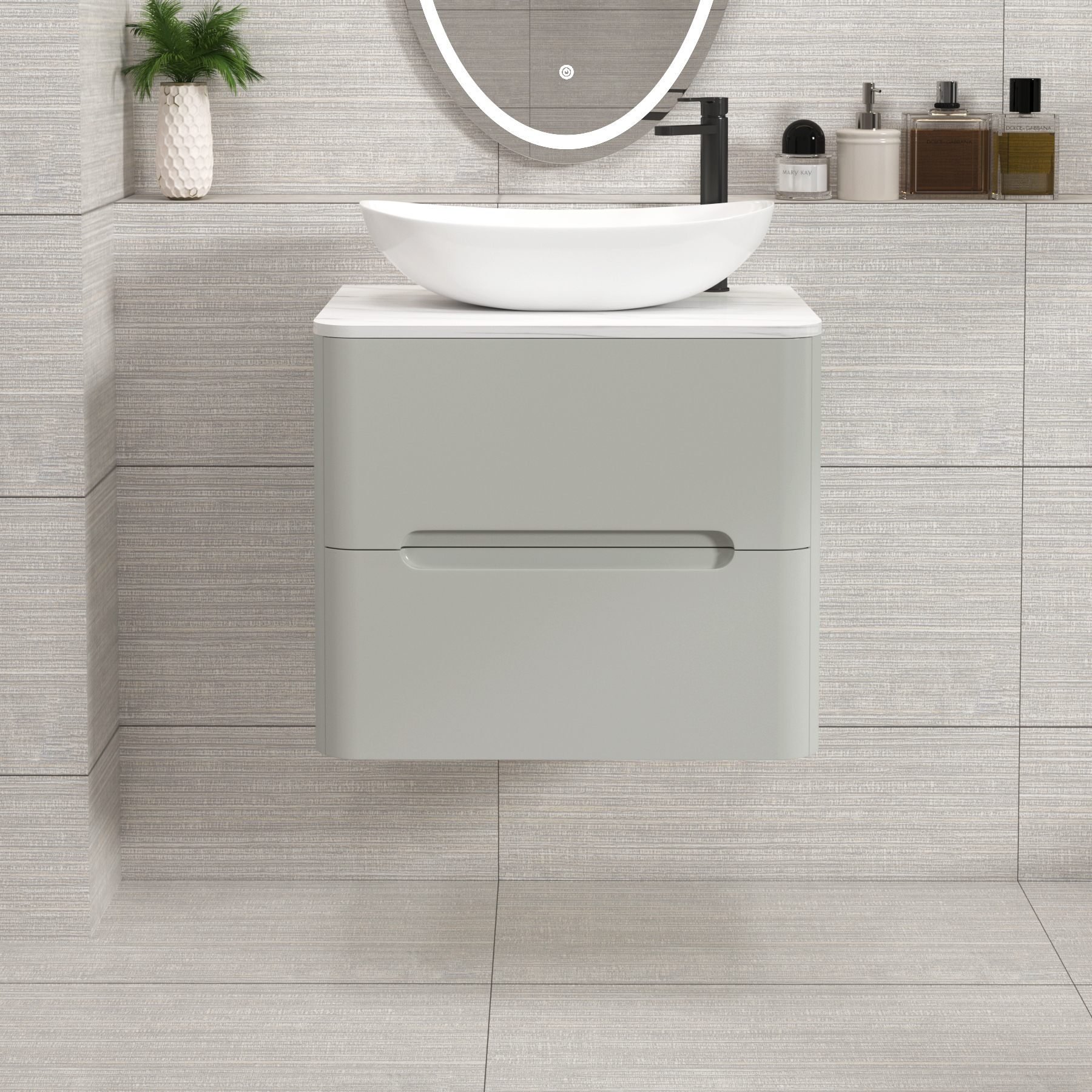 Venice Dove Grey 2 Drawer Wall Hung Vanity Unit with Carrara White Undrilled Worktop & Various Countertop Basins