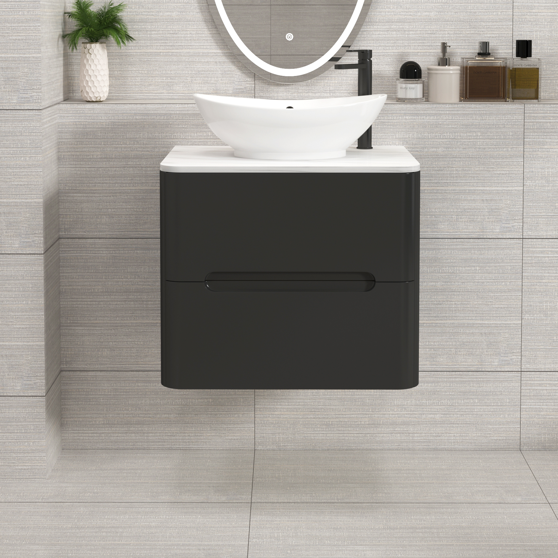 Venice Matt Nocturne Black 2 Drawer Wall Hung Vanity Unit with Carrara White Undrilled Worktop & Various Countertop Basins
