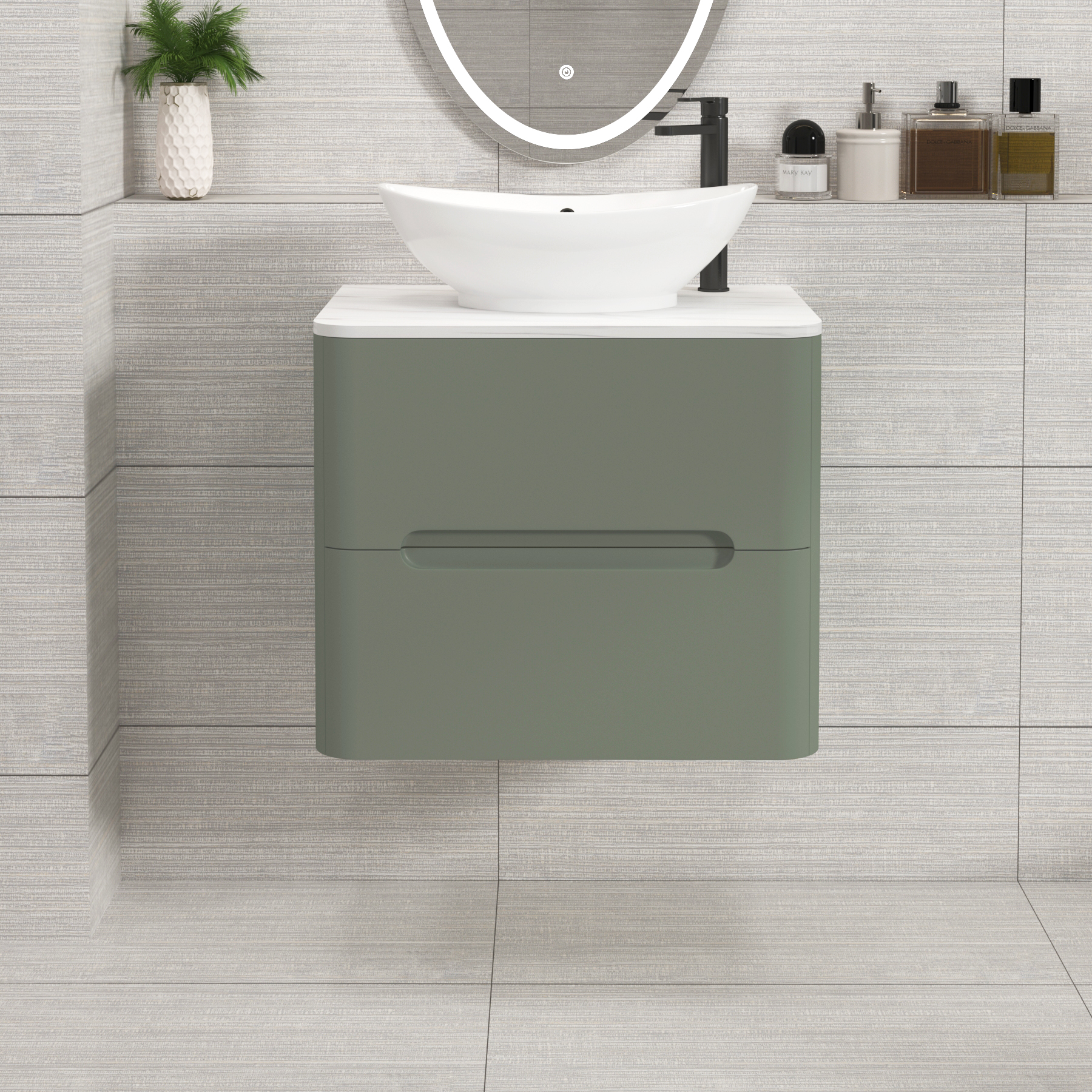 Venice Sage Green 2 Drawer Wall Hung Vanity Unit with Carrara White Undrilled Worktop & Various Countertop Basins