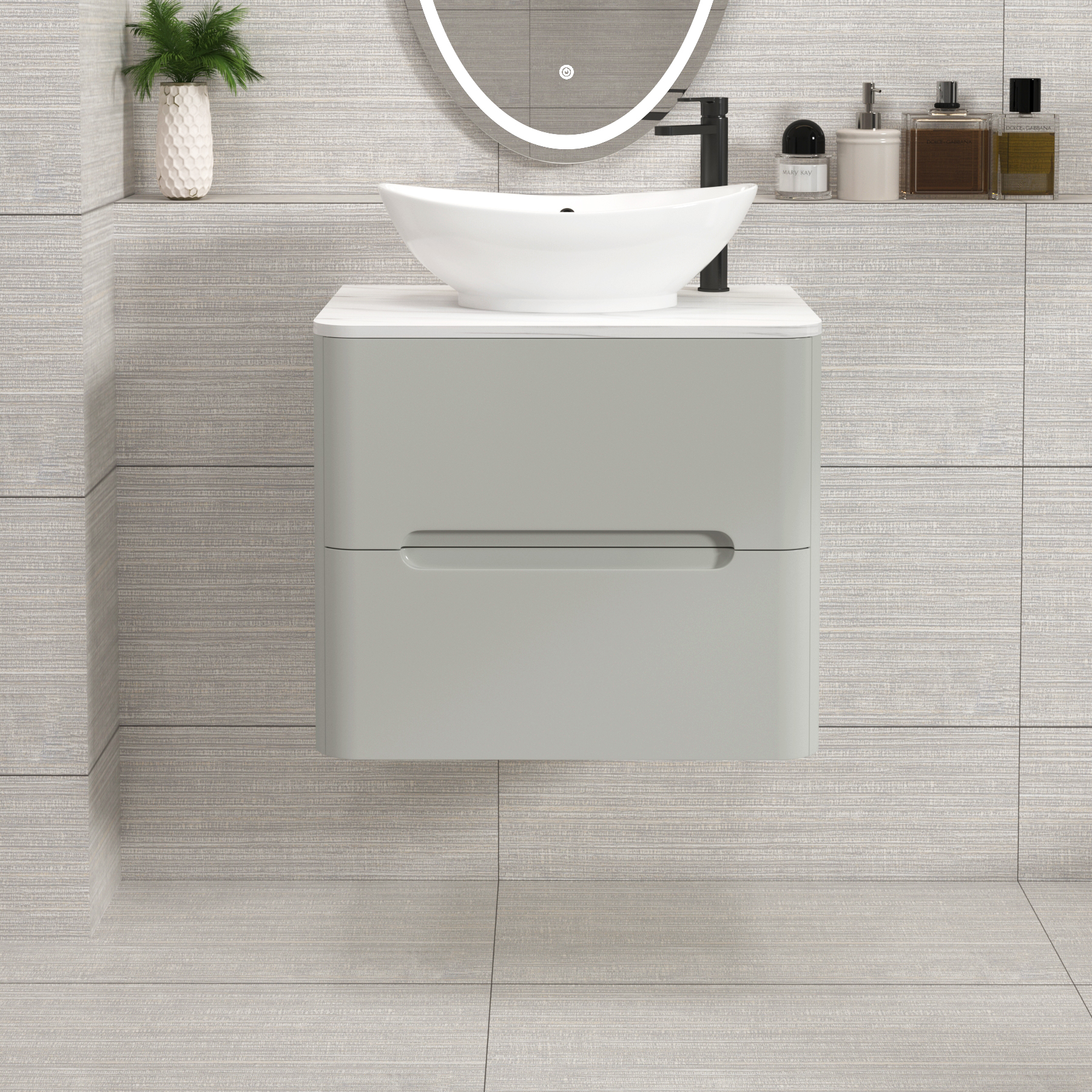 Venice Dove Grey 2 Drawer Wall Hung Vanity Unit with Carrara White Undrilled Worktop & Various Countertop Basins