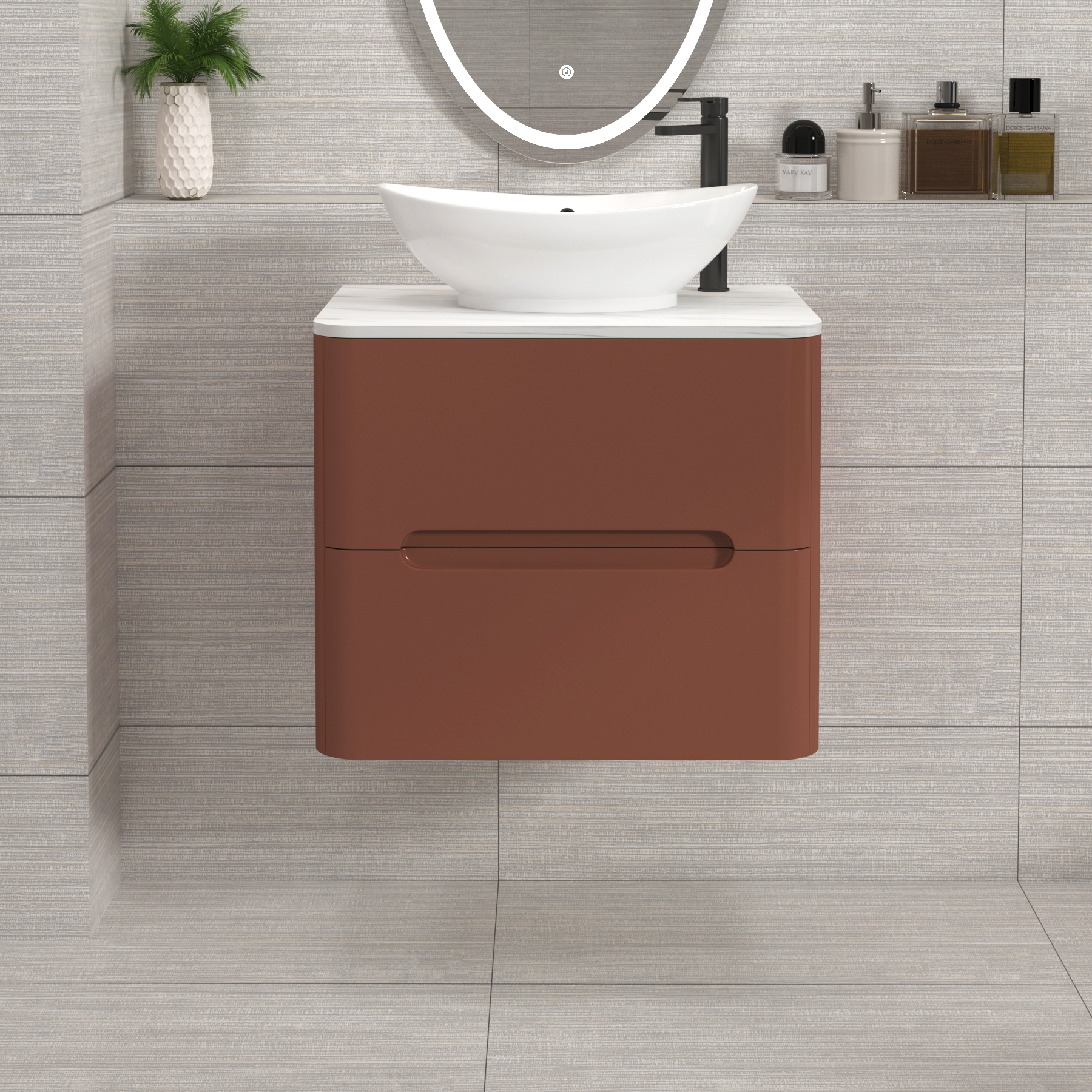 Venice Terracotta Clay 2 Drawer Wall Hung Vanity Unit with Carrara White Undrilled Worktop & Various Countertop Basins