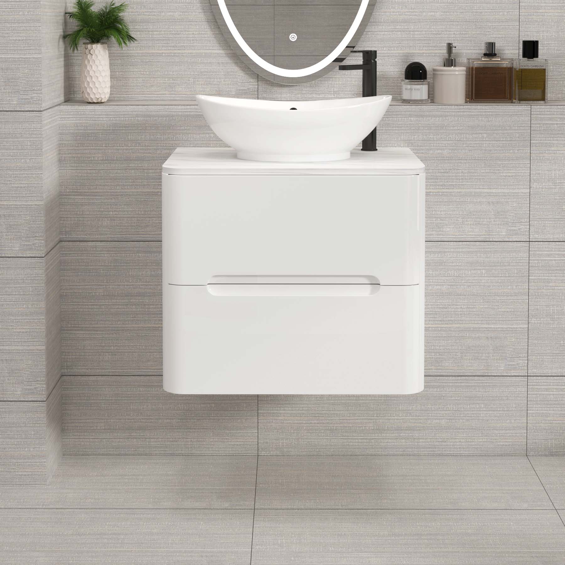 Venice Gloss White 2 Drawer Wall Hung Vanity Unit with Carrara White Undrilled Worktop & Various Countertop Basins