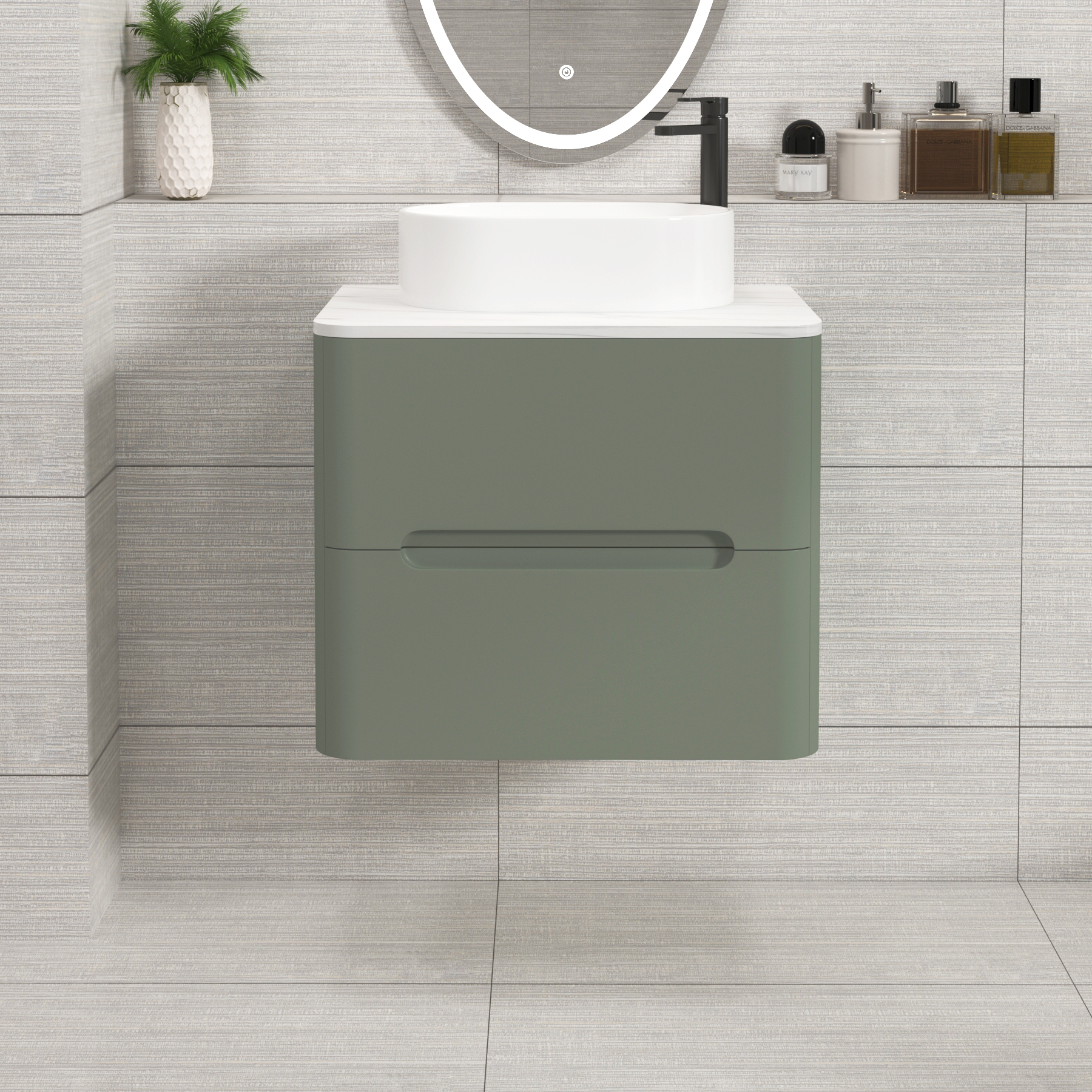 Venice Sage Green 2 Drawer Wall Hung Vanity Unit with Carrara White Undrilled Worktop & Various Countertop Basins