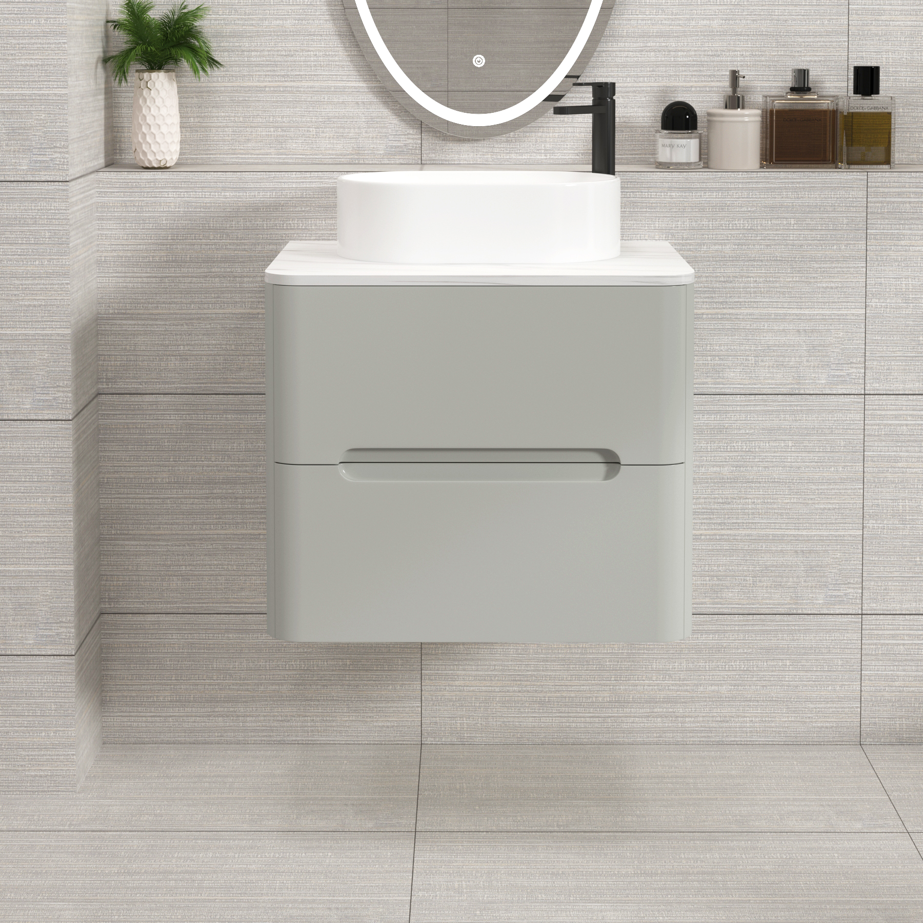 Venice Dove Grey 2 Drawer Wall Hung Vanity Unit with Carrara White Undrilled Worktop & Various Countertop Basins