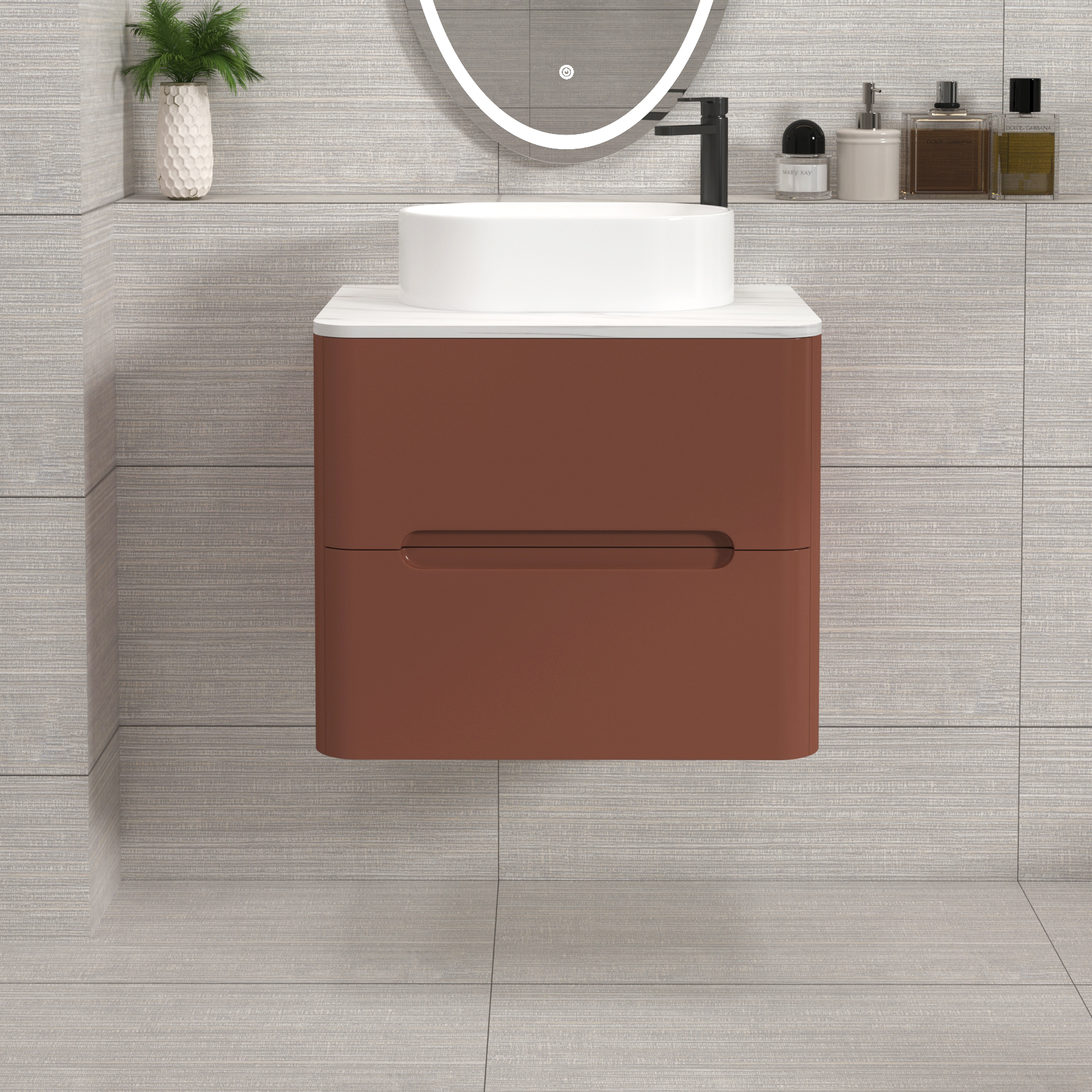 Venice Terracotta Clay 2 Drawer Wall Hung Vanity Unit with Carrara White Undrilled Worktop & Various Countertop Basins