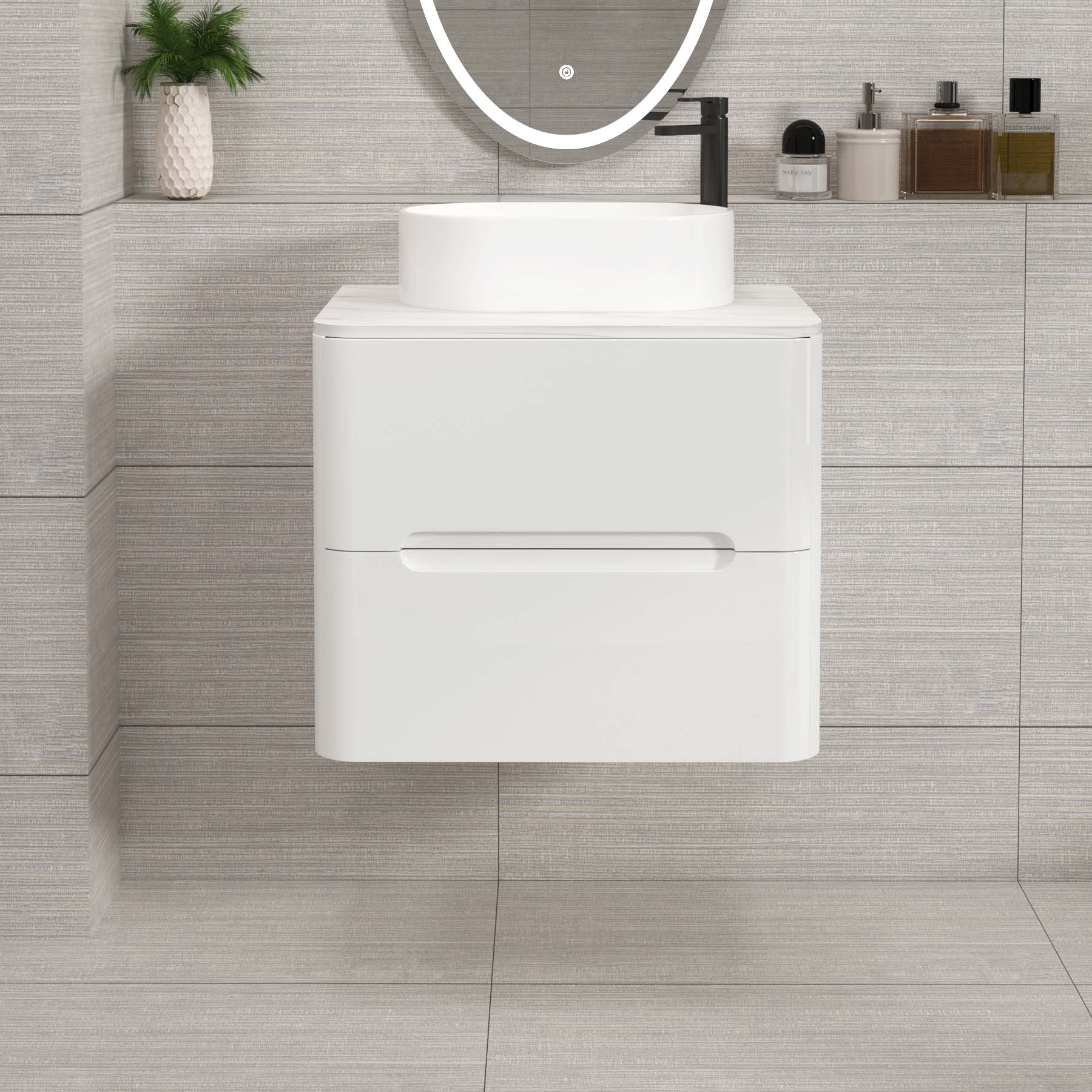 Venice Gloss White 2 Drawer Wall Hung Vanity Unit with Carrara White Undrilled Worktop & Various Countertop Basins