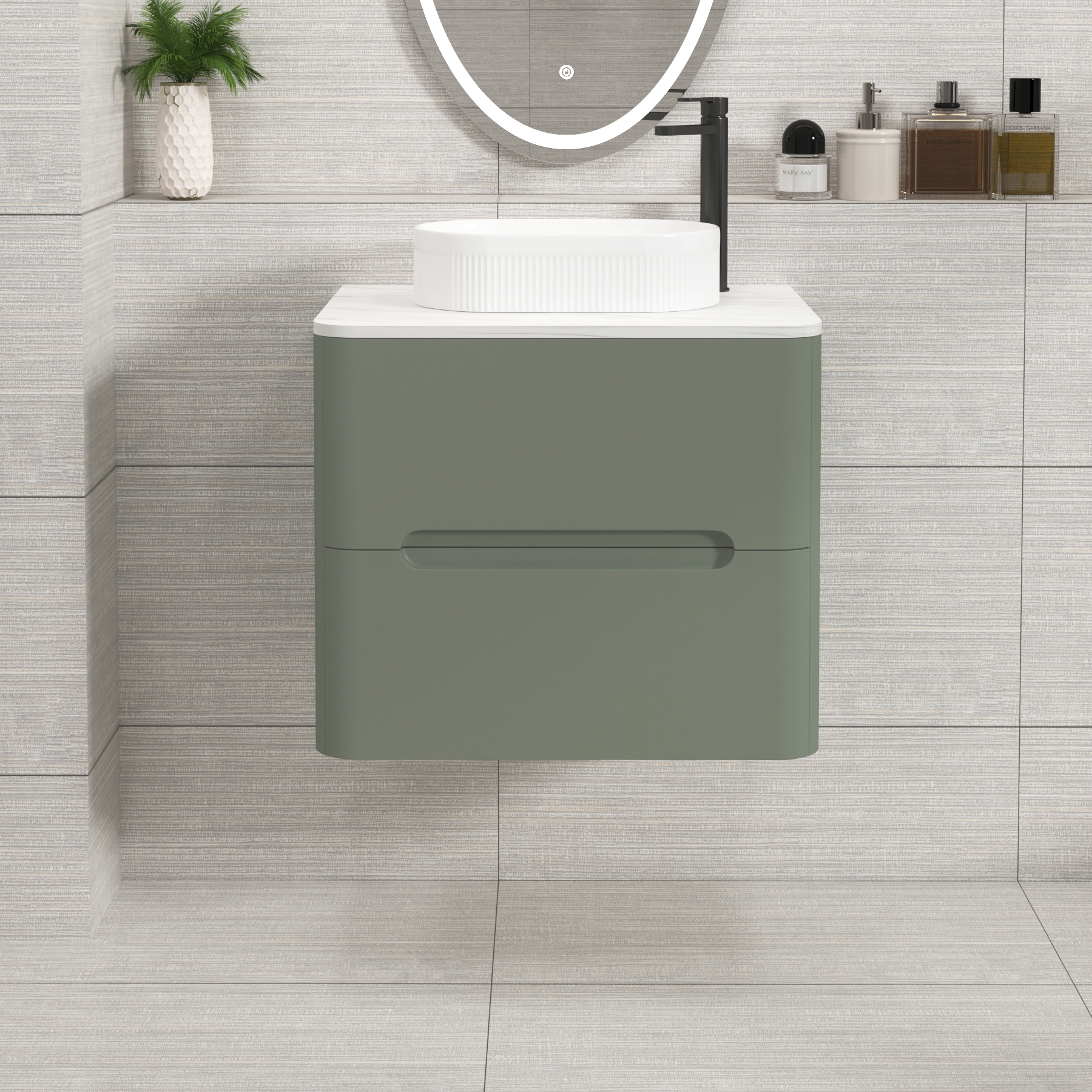 Venice Sage Green 2 Drawer Wall Hung Vanity Unit with Carrara White Undrilled Worktop & Various Countertop Basins