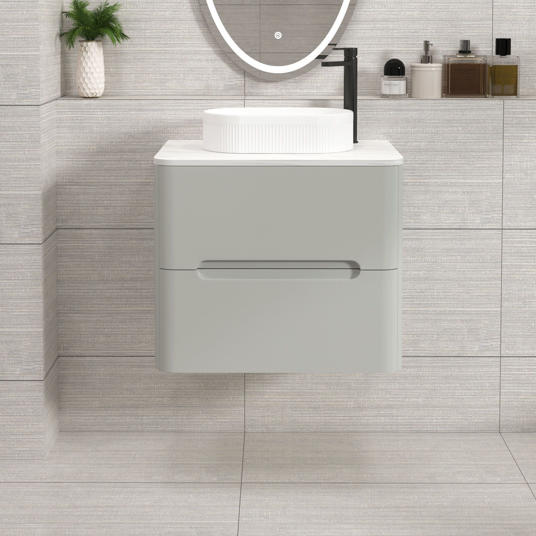 Venice Dove Grey 2 Drawer Wall Hung Vanity Unit with Carrara White Undrilled Worktop & Various Countertop Basins